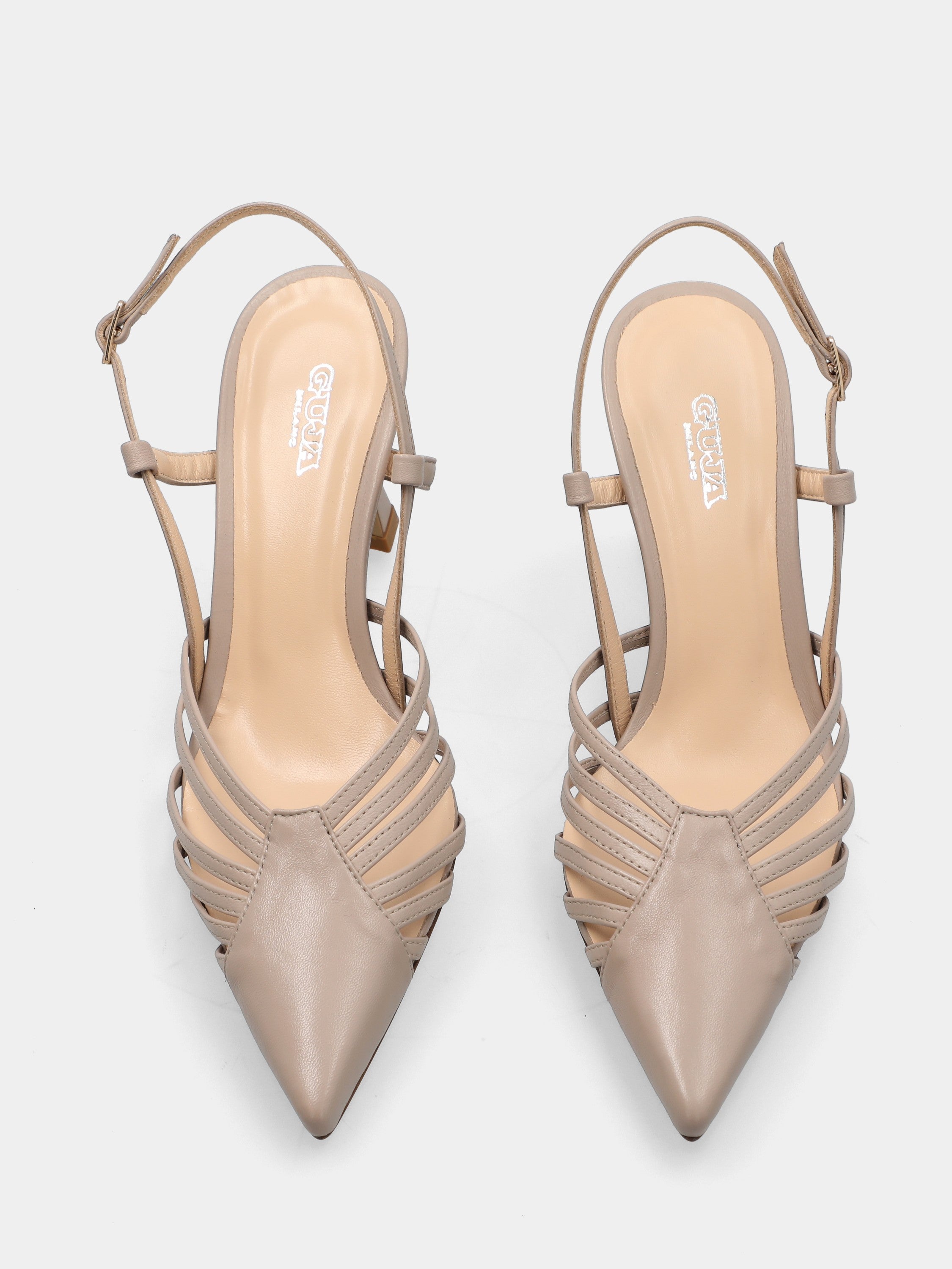 Slingback in nappa taupe con listini incrociati e tacco 70mm