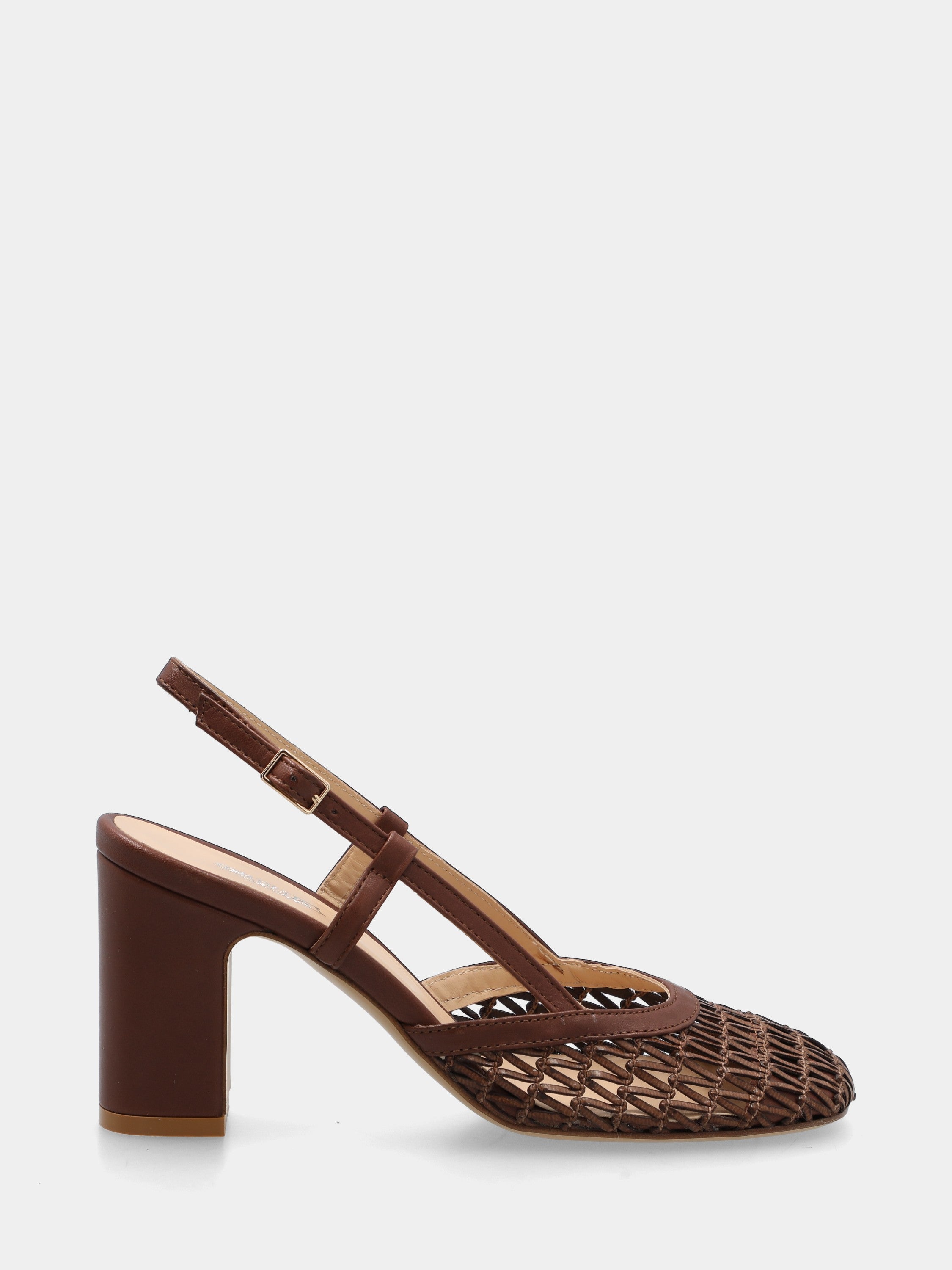 Slingback in rafia marrone intrecciata con tacco largo
