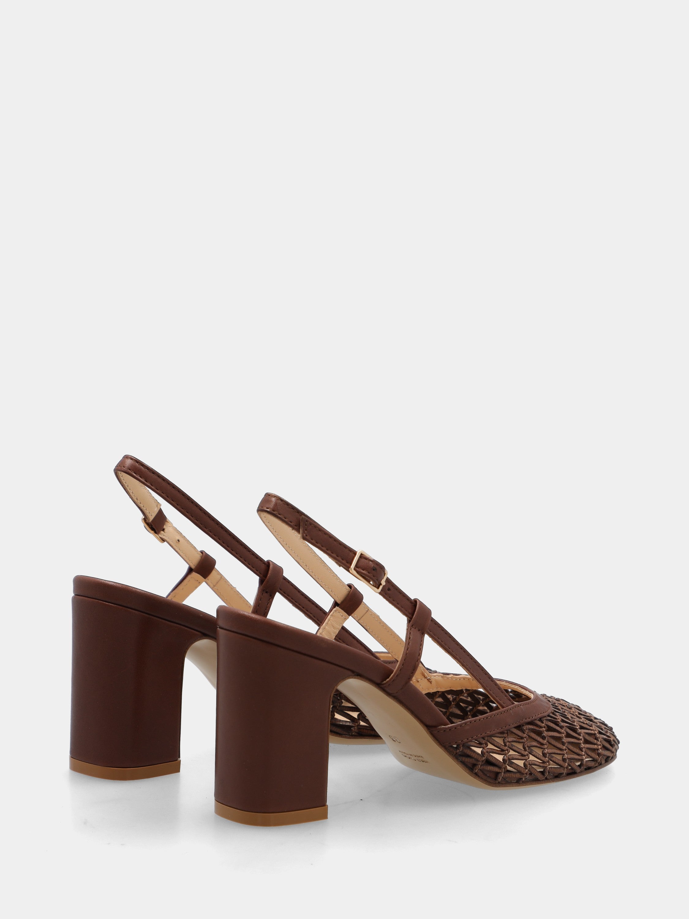 Slingback in rafia marrone intrecciata con tacco largo