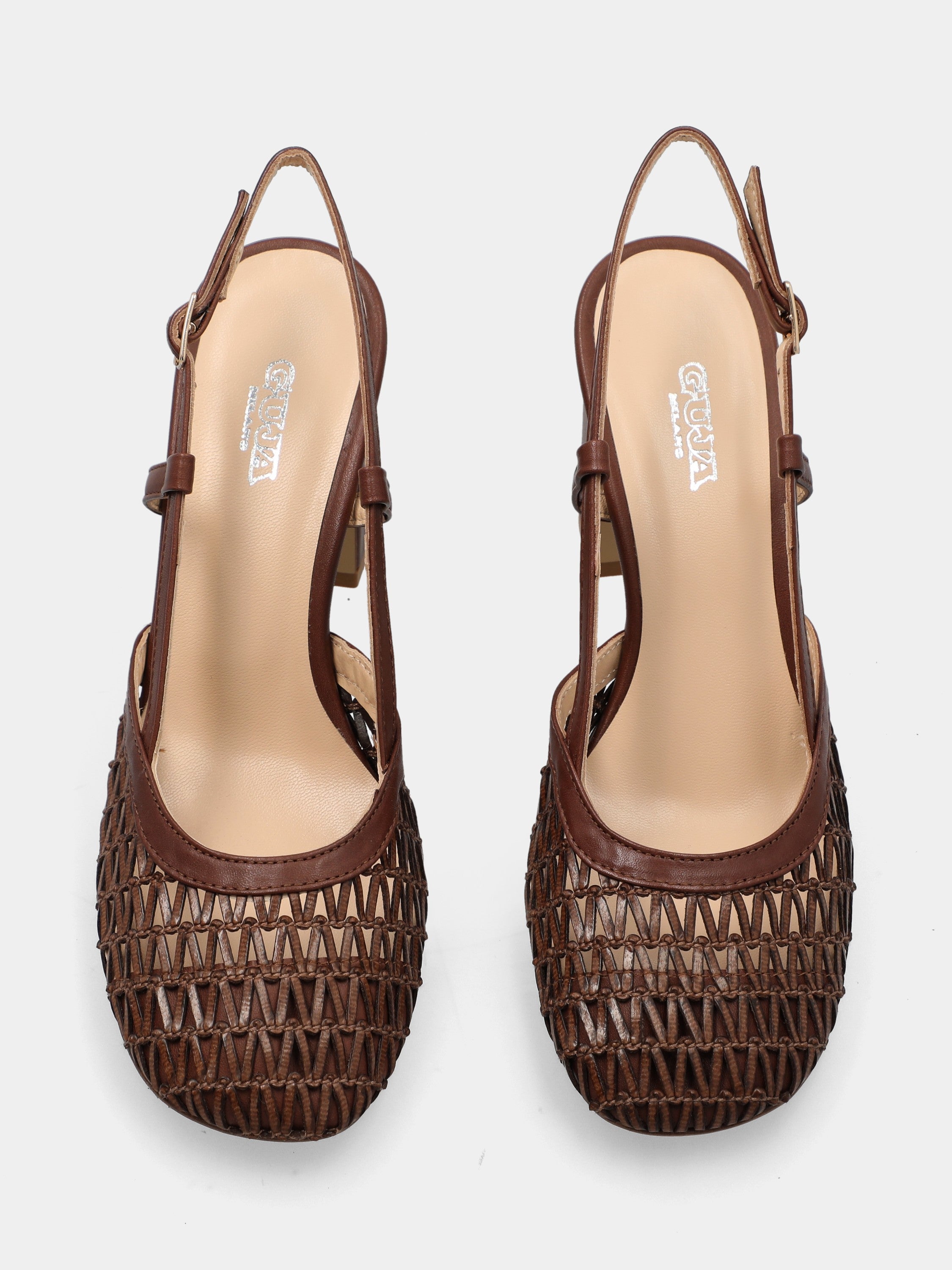 Slingback in rafia marrone intrecciata con tacco largo
