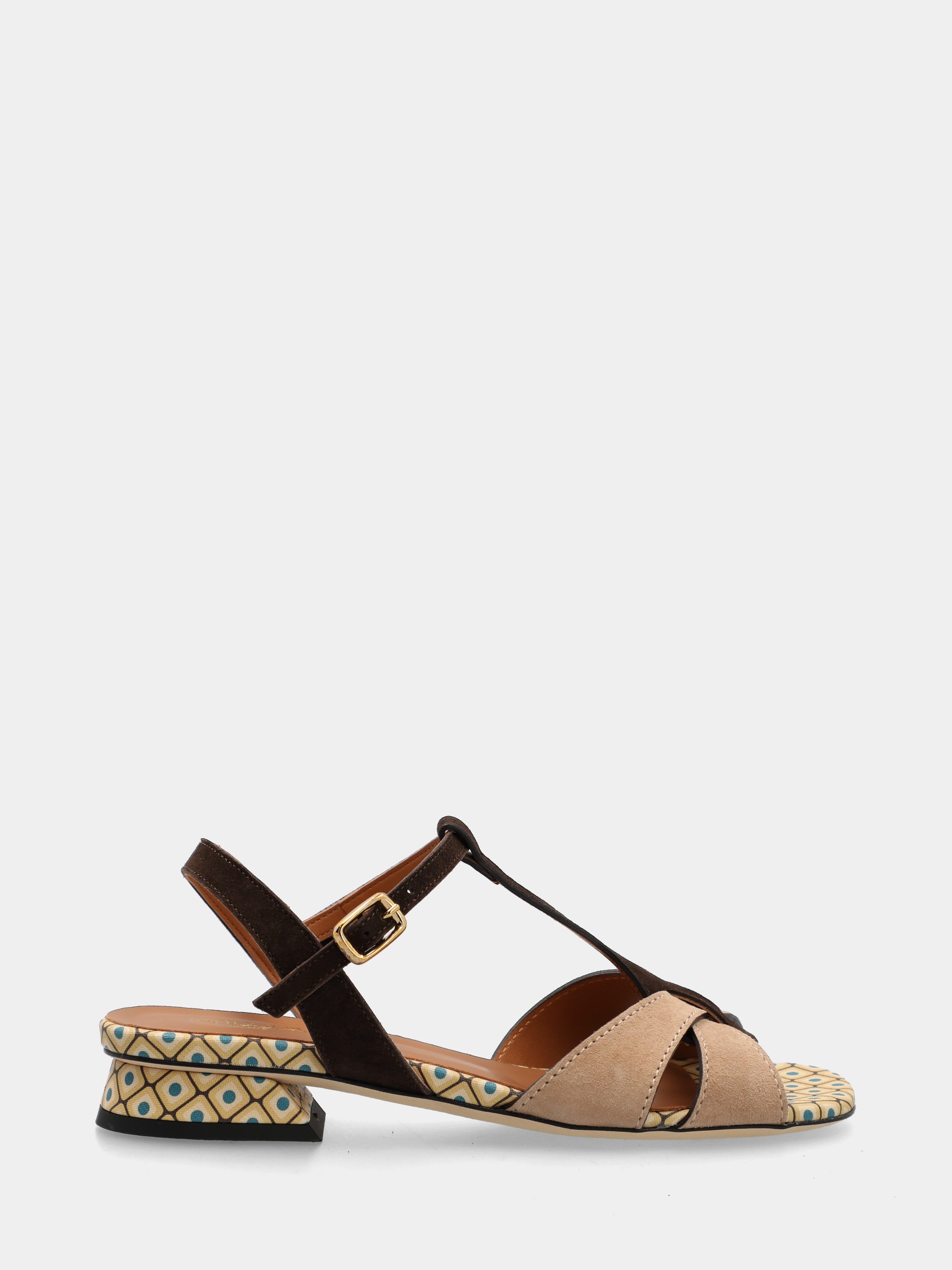 Sandalo in camoscio multicolor con fascette incrociate e tacco a blocco