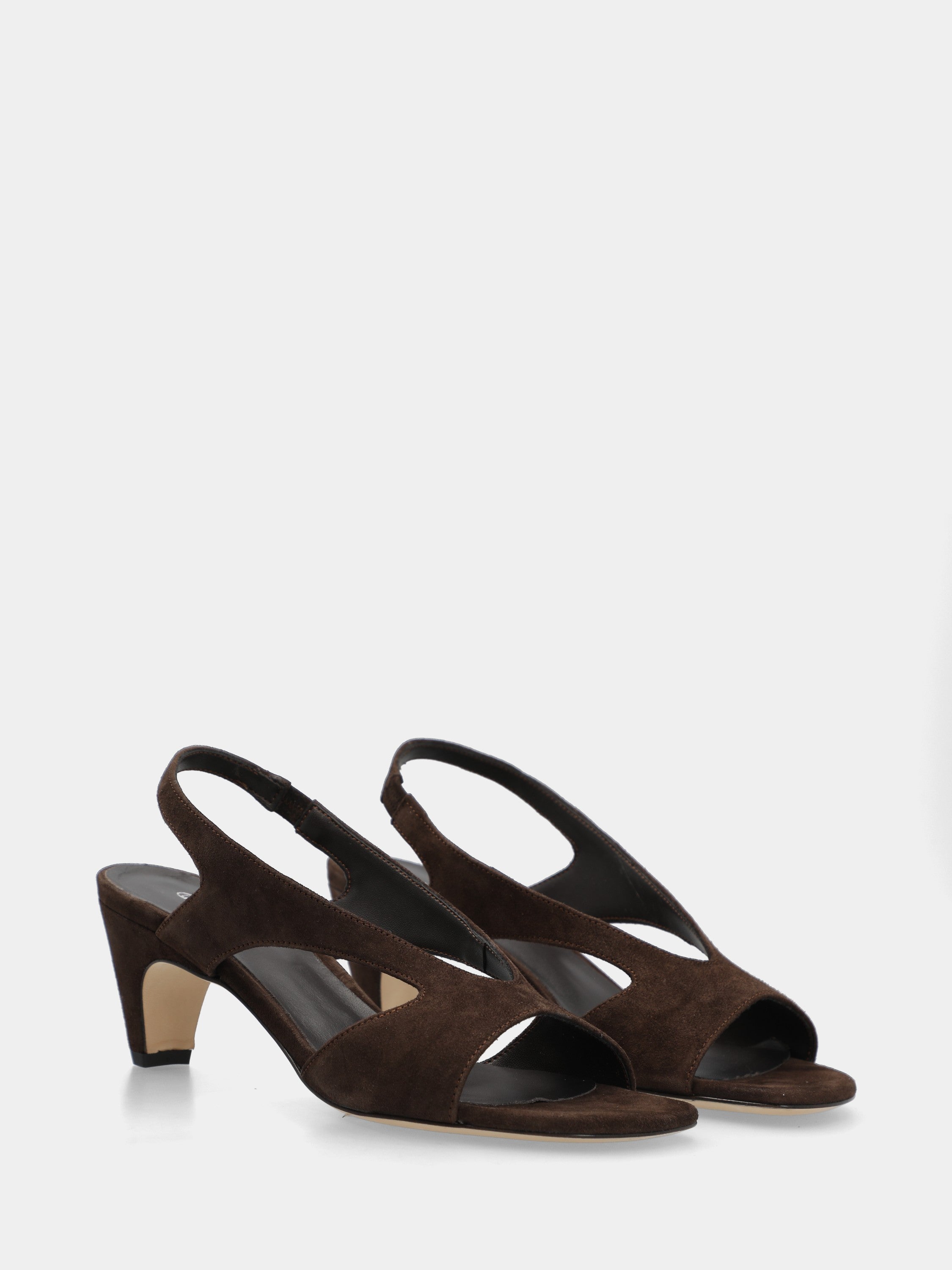 Dark brown suede sandal with semi-conical heel and V straps
