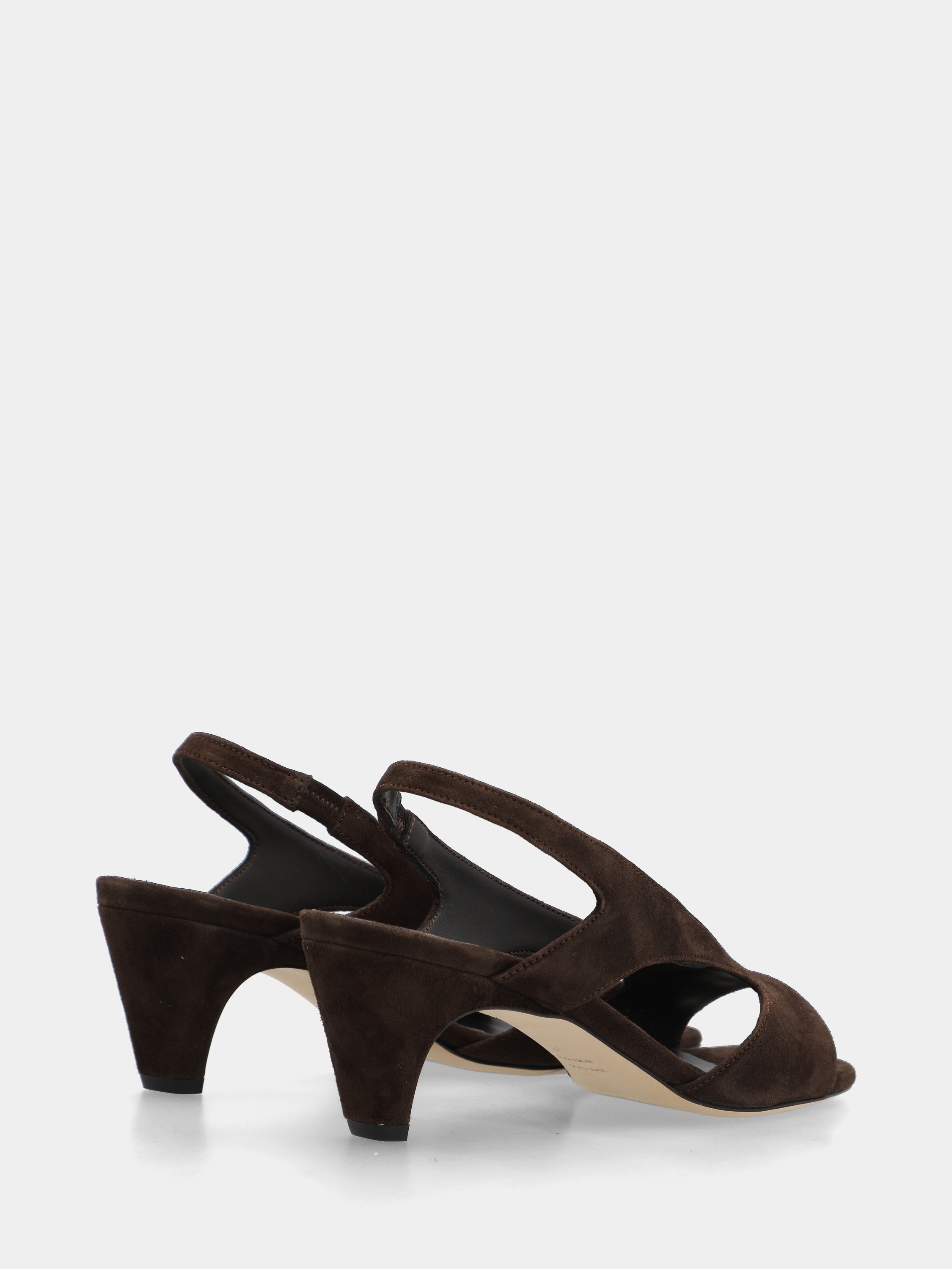 Dark brown suede sandal with semi-conical heel and V straps