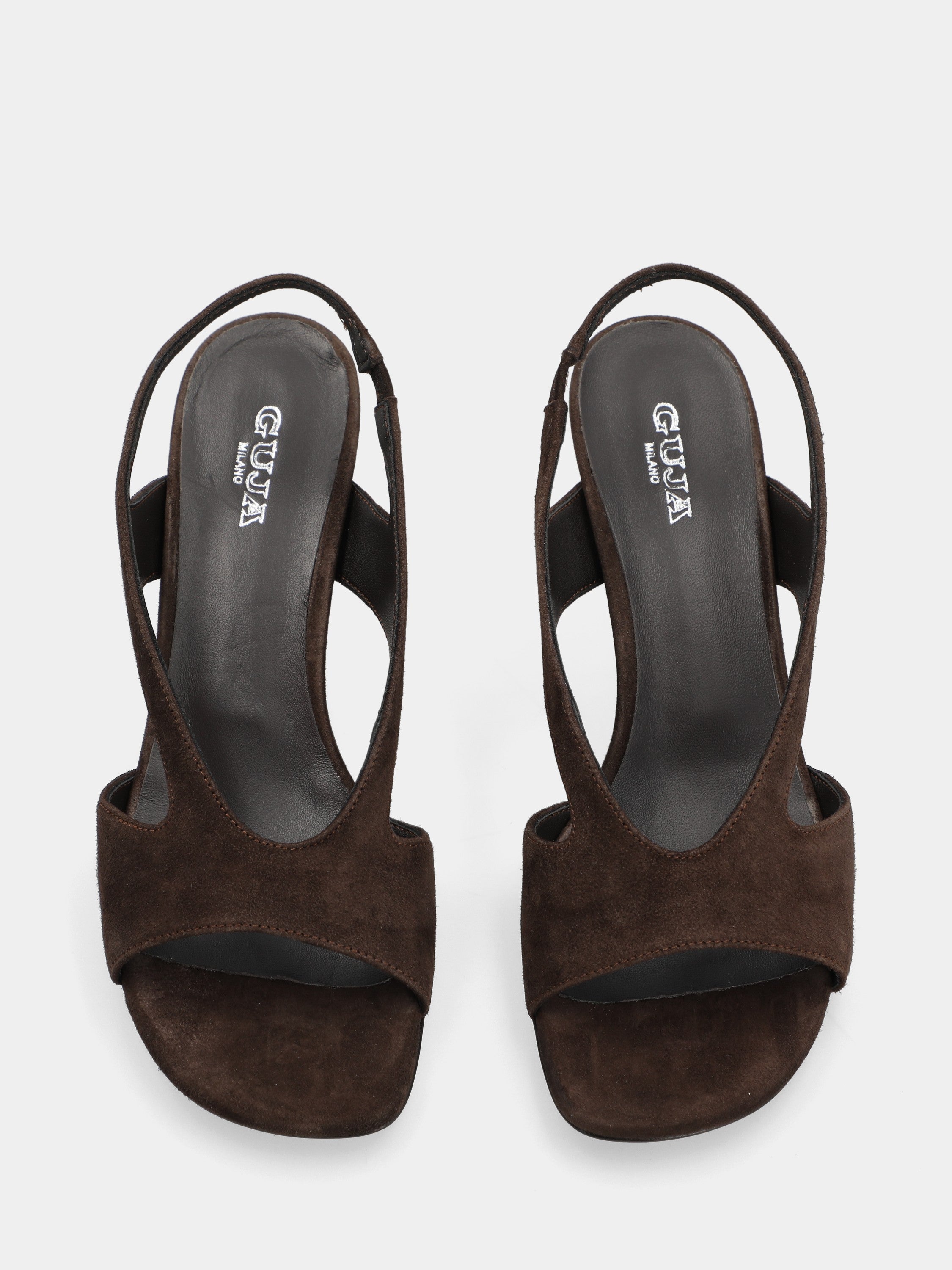 Dark brown suede sandal with semi-conical heel and V straps