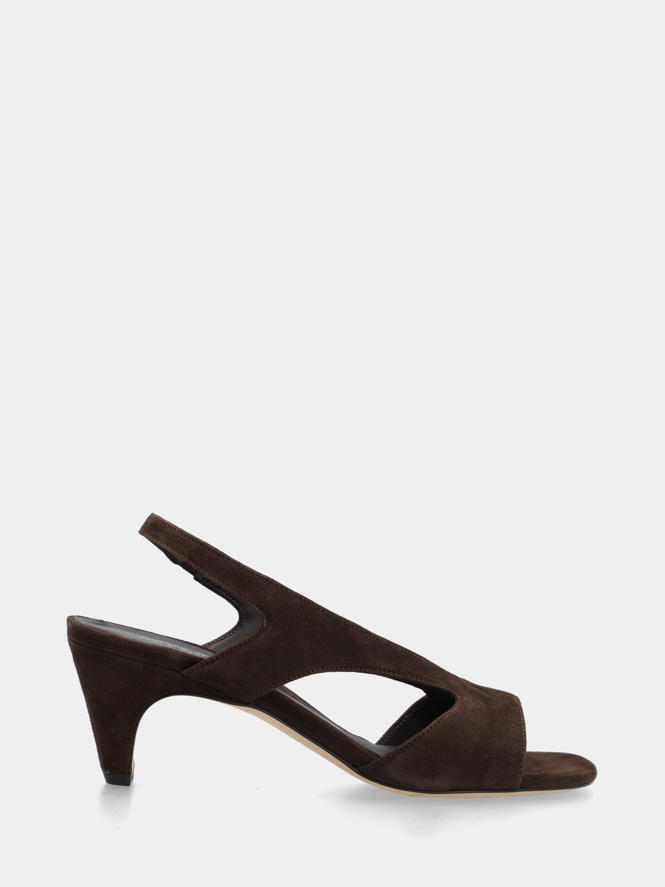 Dark brown suede sandal with semi-conical heel and V straps