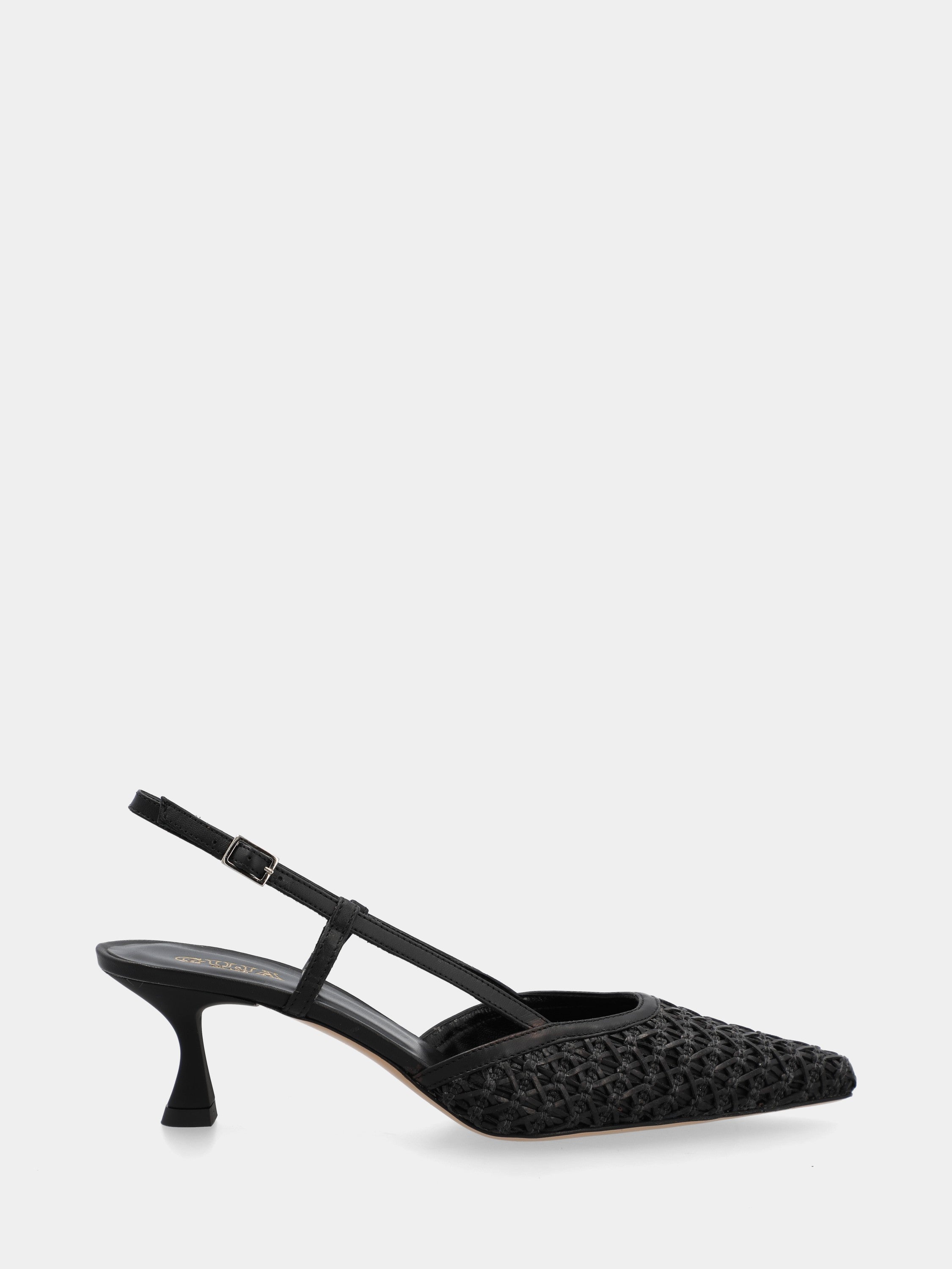 Slingback in rafia nera intrecciata con tacco a calice