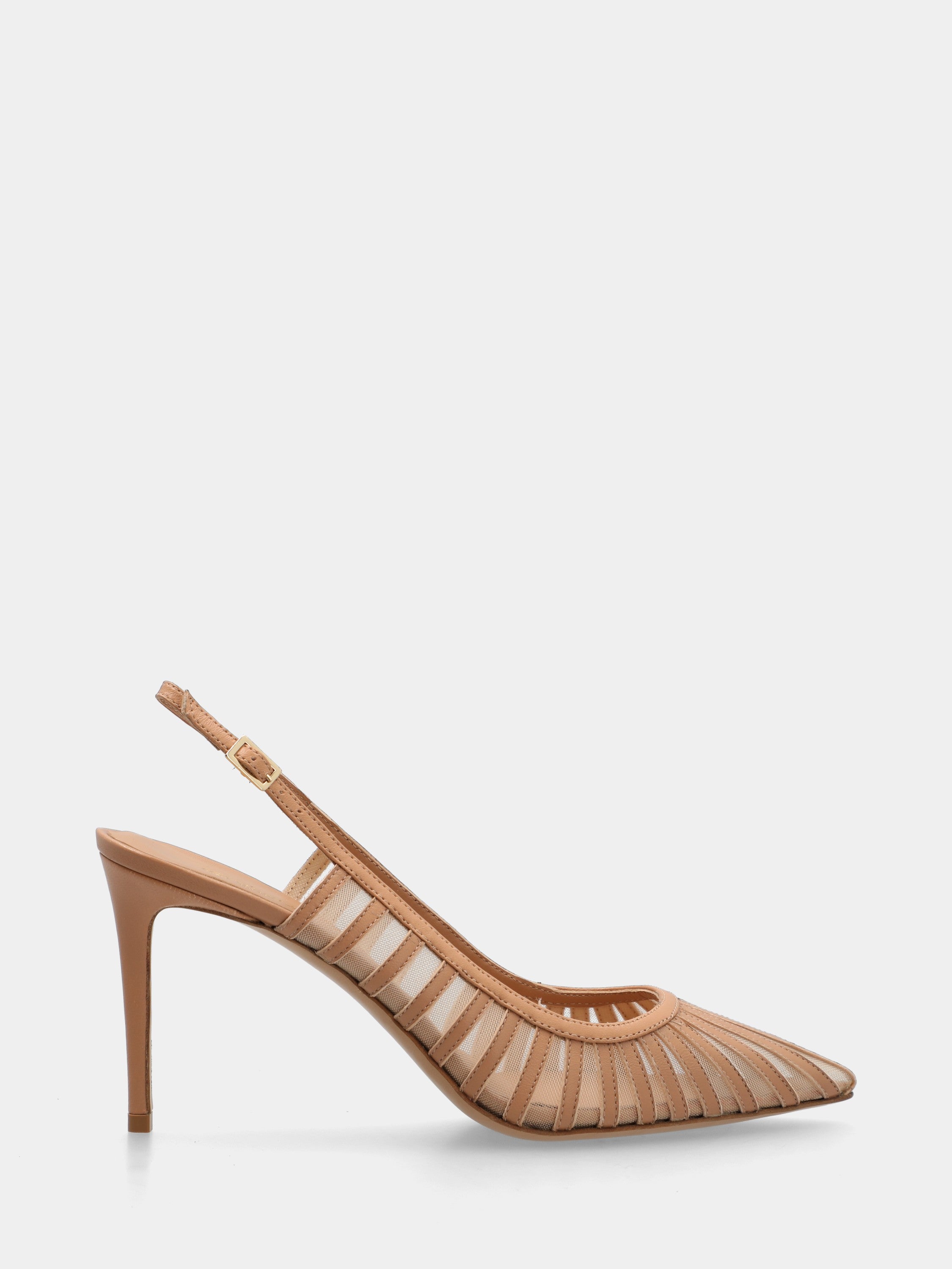 Slingback in nappa nude con rete e stiletto 100mm a coda