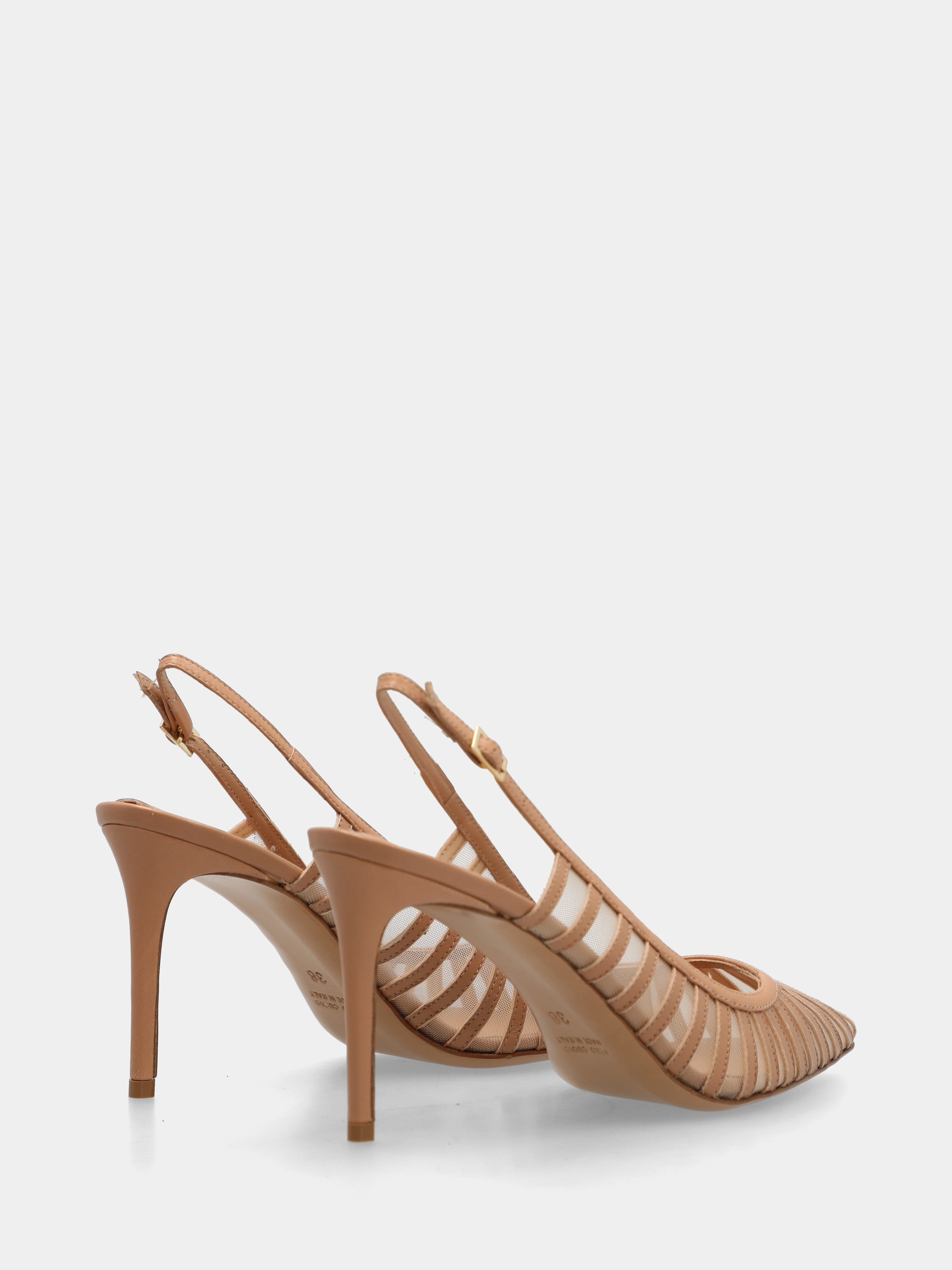 Slingback in nappa nude con rete e stiletto 100mm a coda