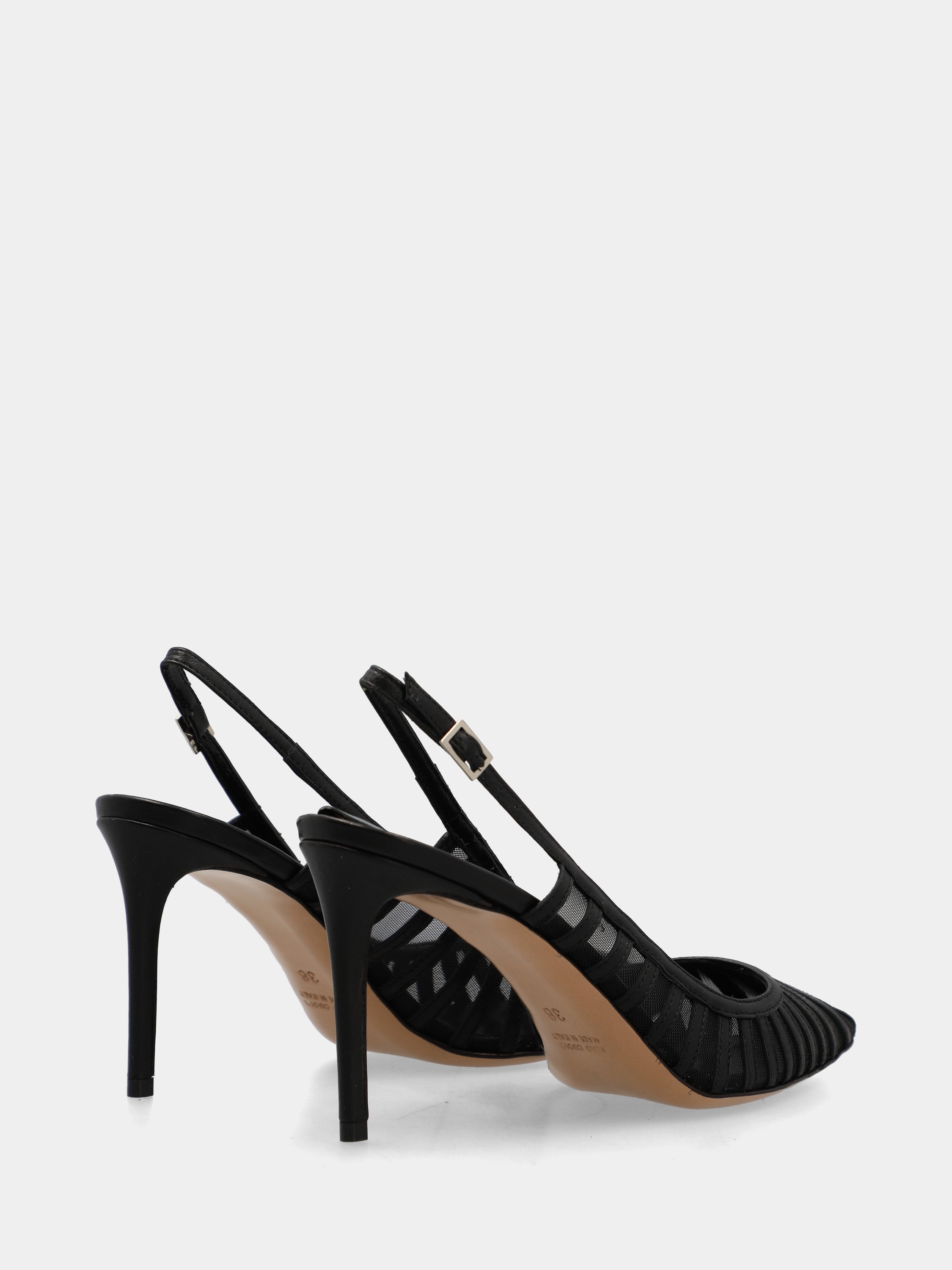 Slingback in nappa nera con rete e stiletto 100mm a coda