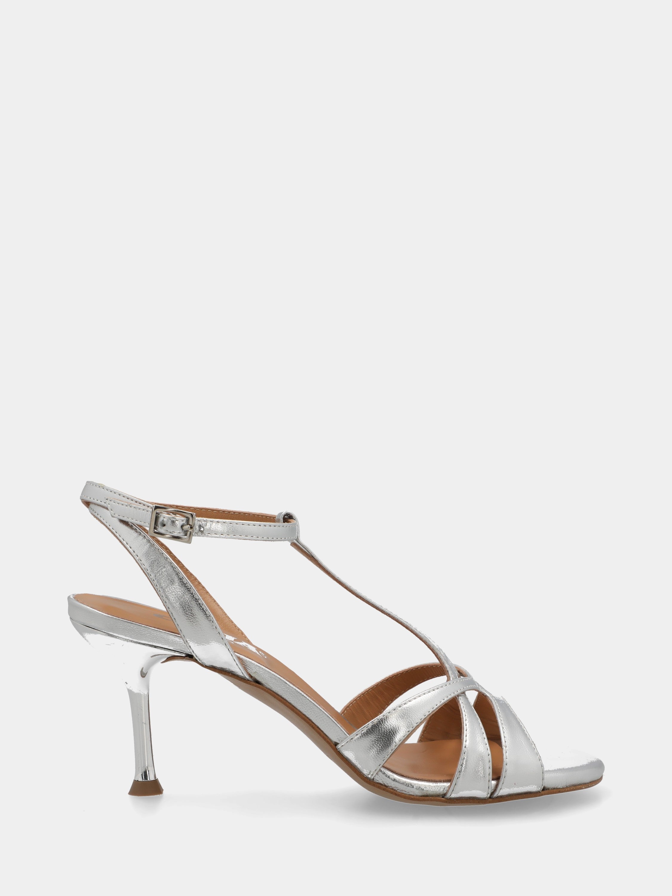 T-bar sandal in silver laminated and goblet heel