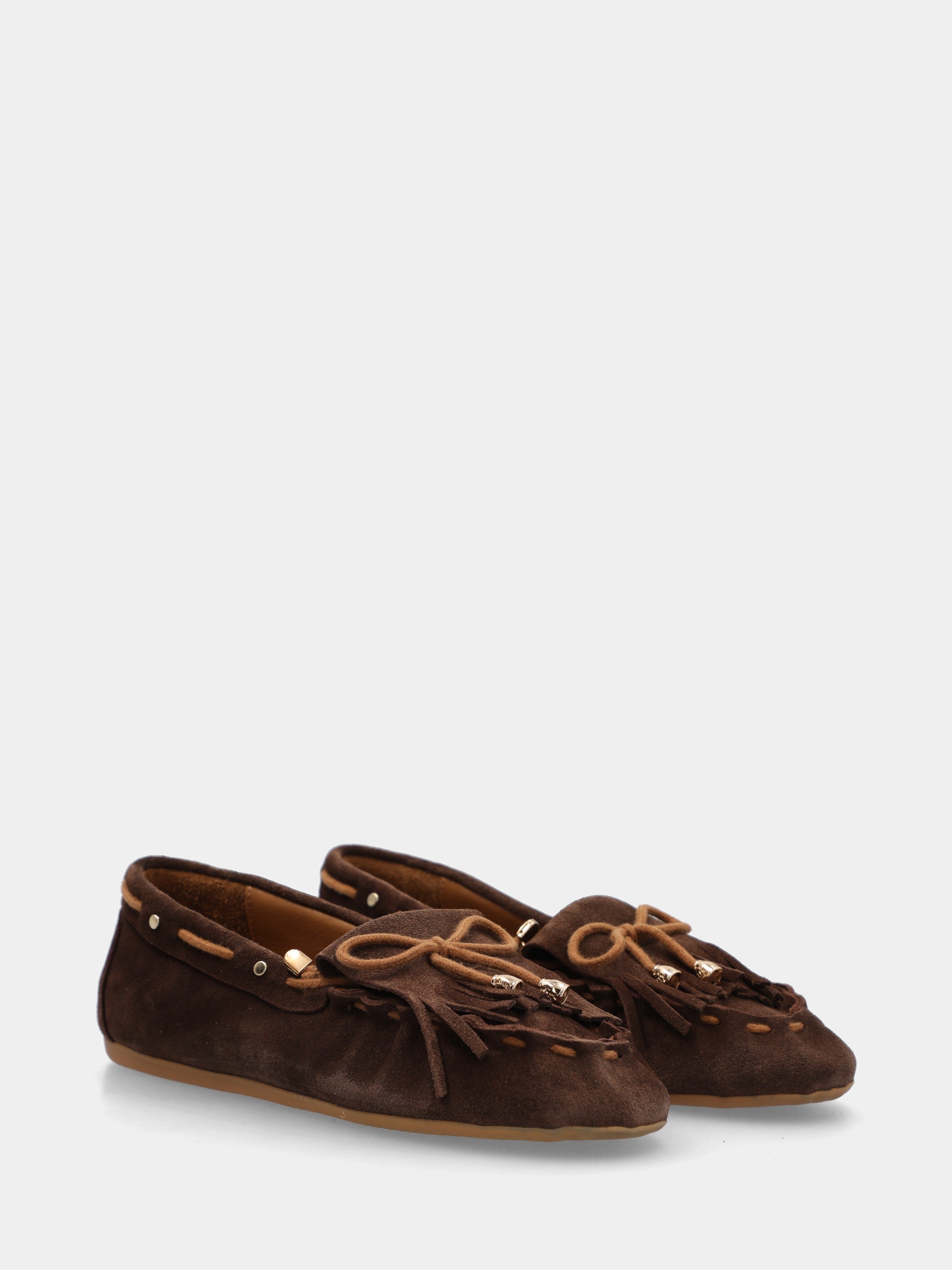 Mocassin en suède marron foncé avec franges et fronces
