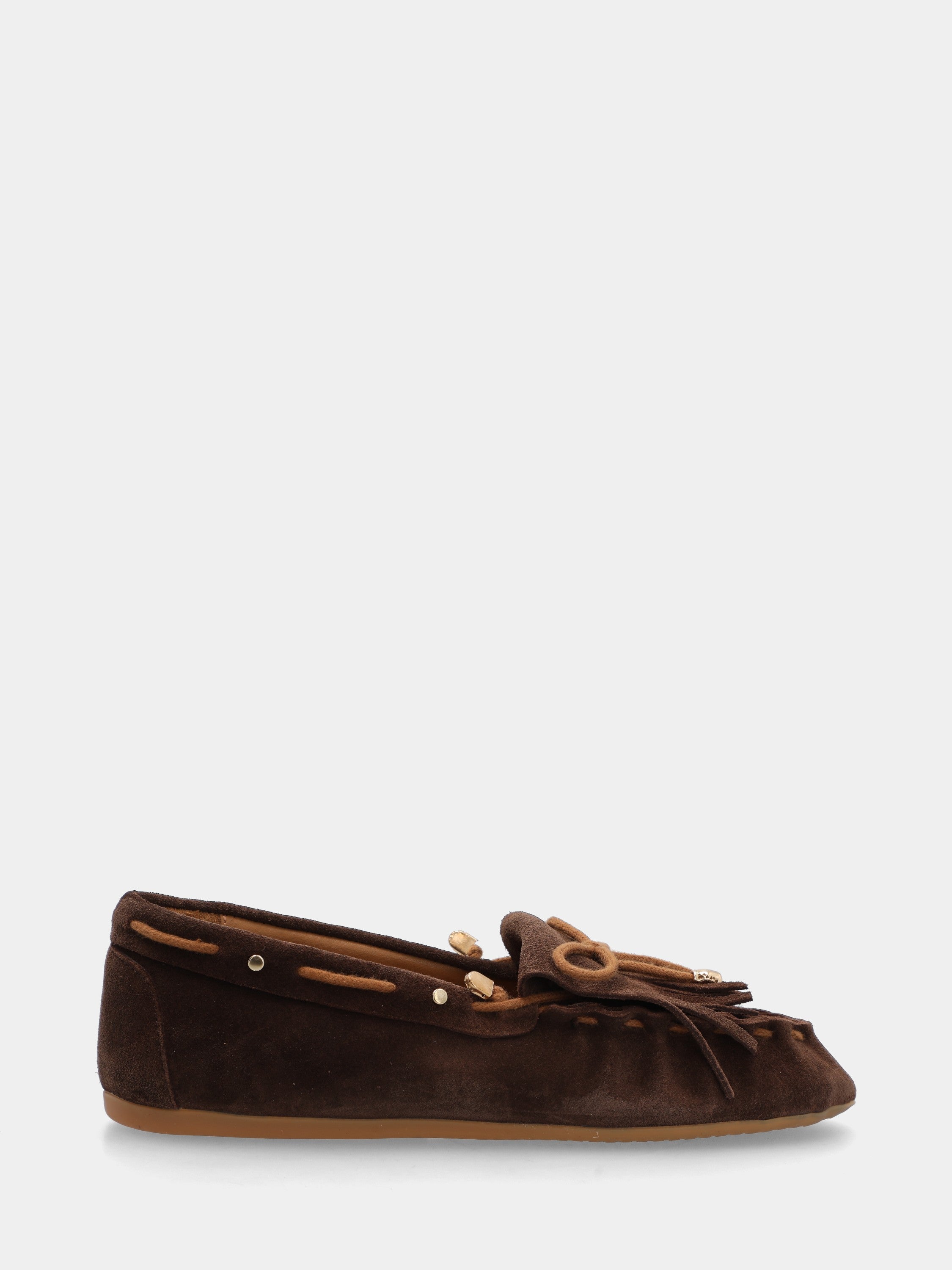 Mocassin en suède marron foncé avec franges et fronces