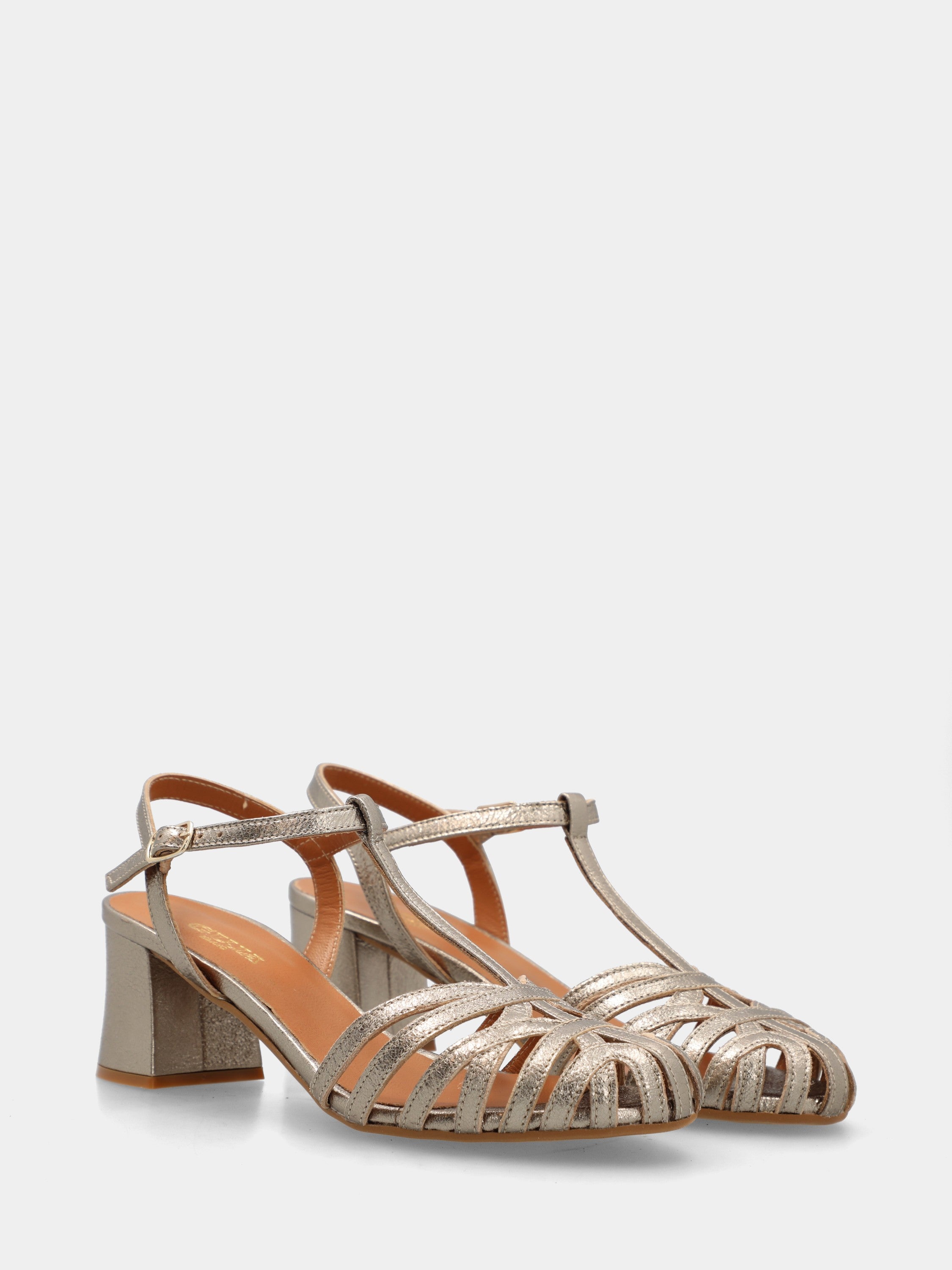 Silver laminated sandal with curved straps and block heel