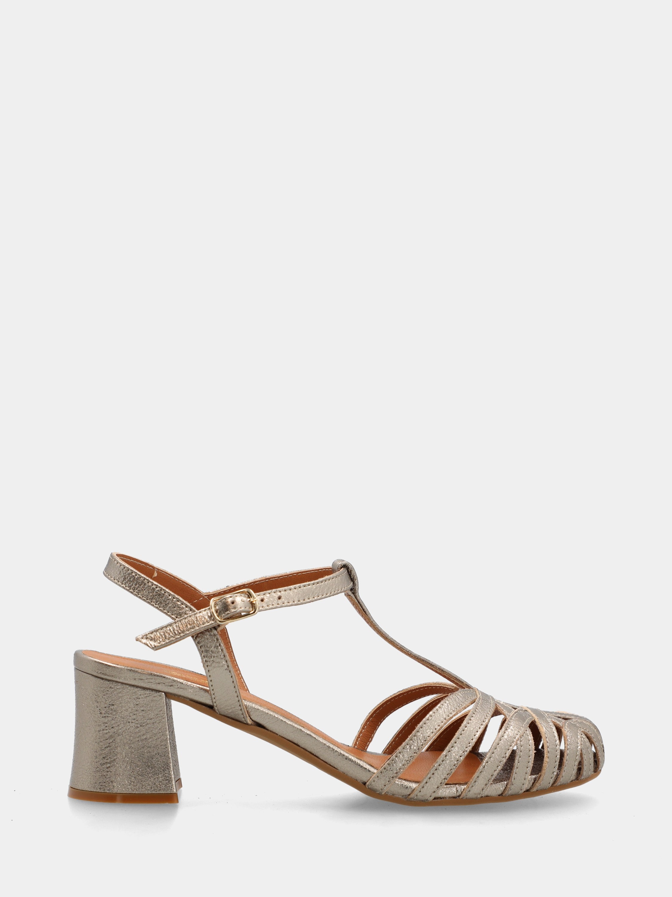 Silver laminated sandal with curved straps and block heel