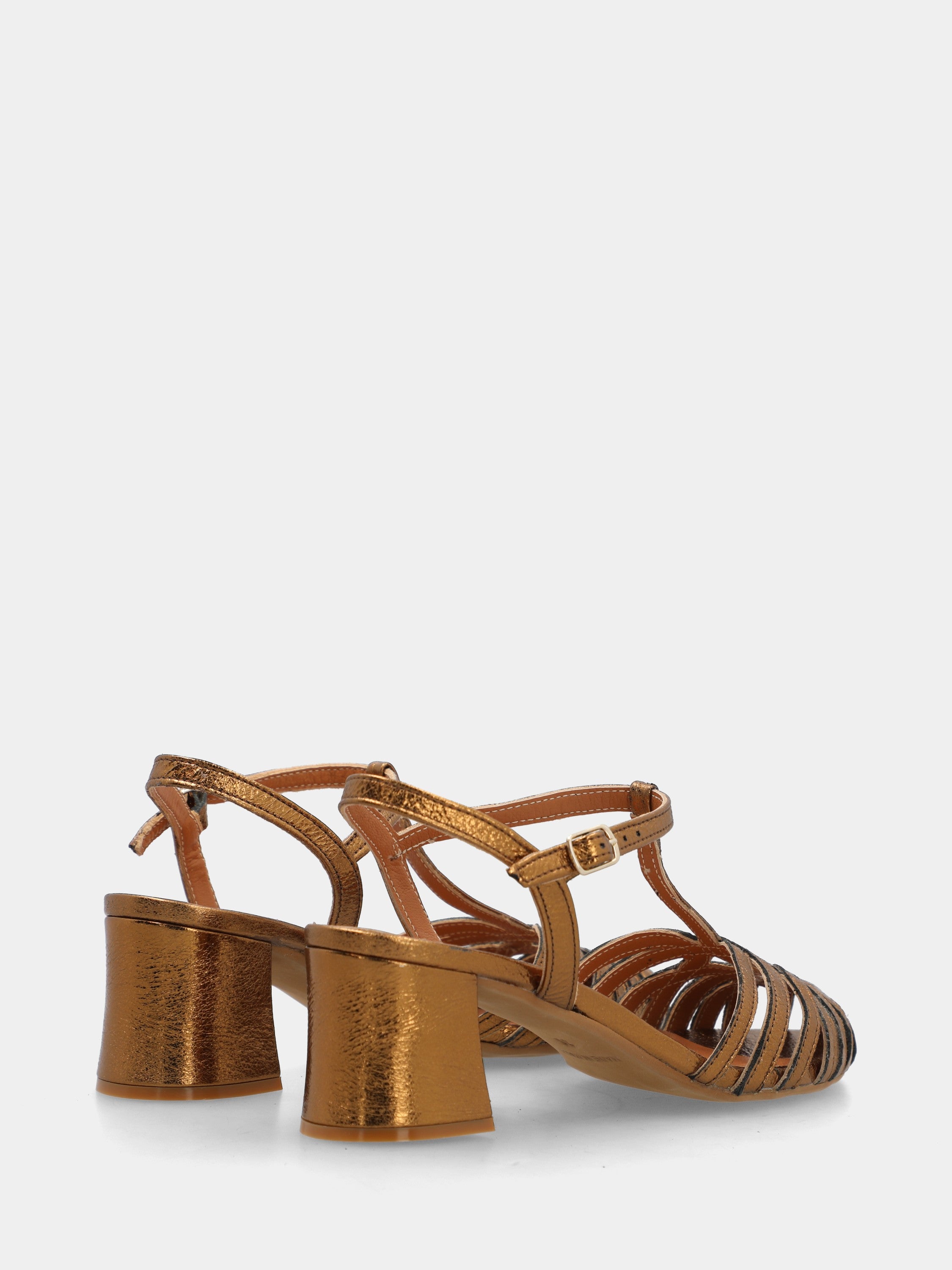 Sandale en laminé bronze avec brides arquées et talon bloc
