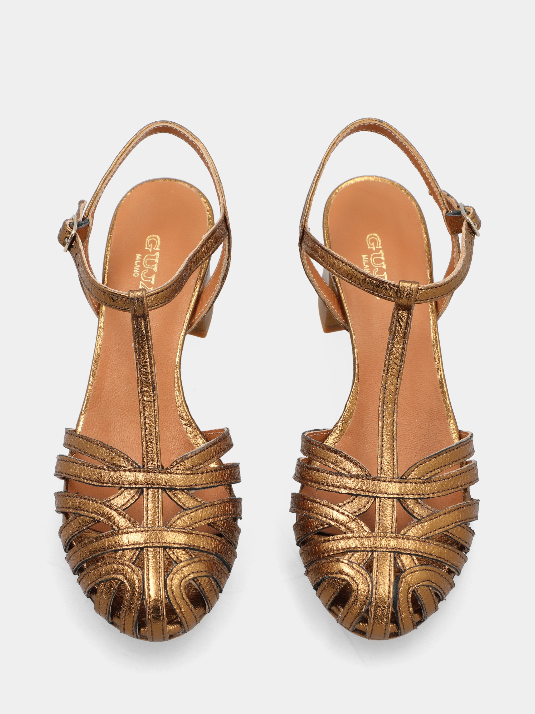 Sandale en laminé bronze avec brides arquées et talon bloc