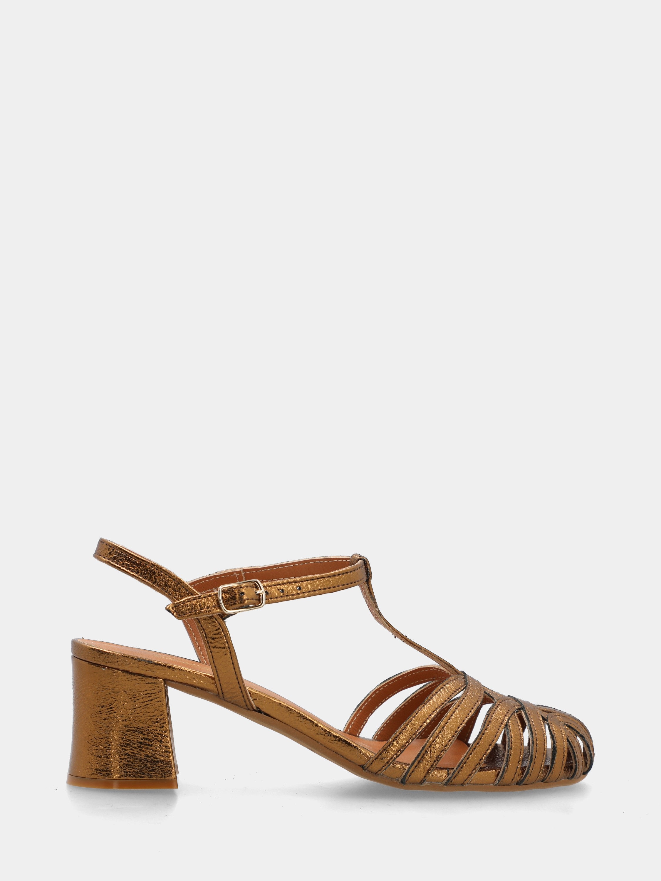 Sandale en laminé bronze avec brides arquées et talon bloc