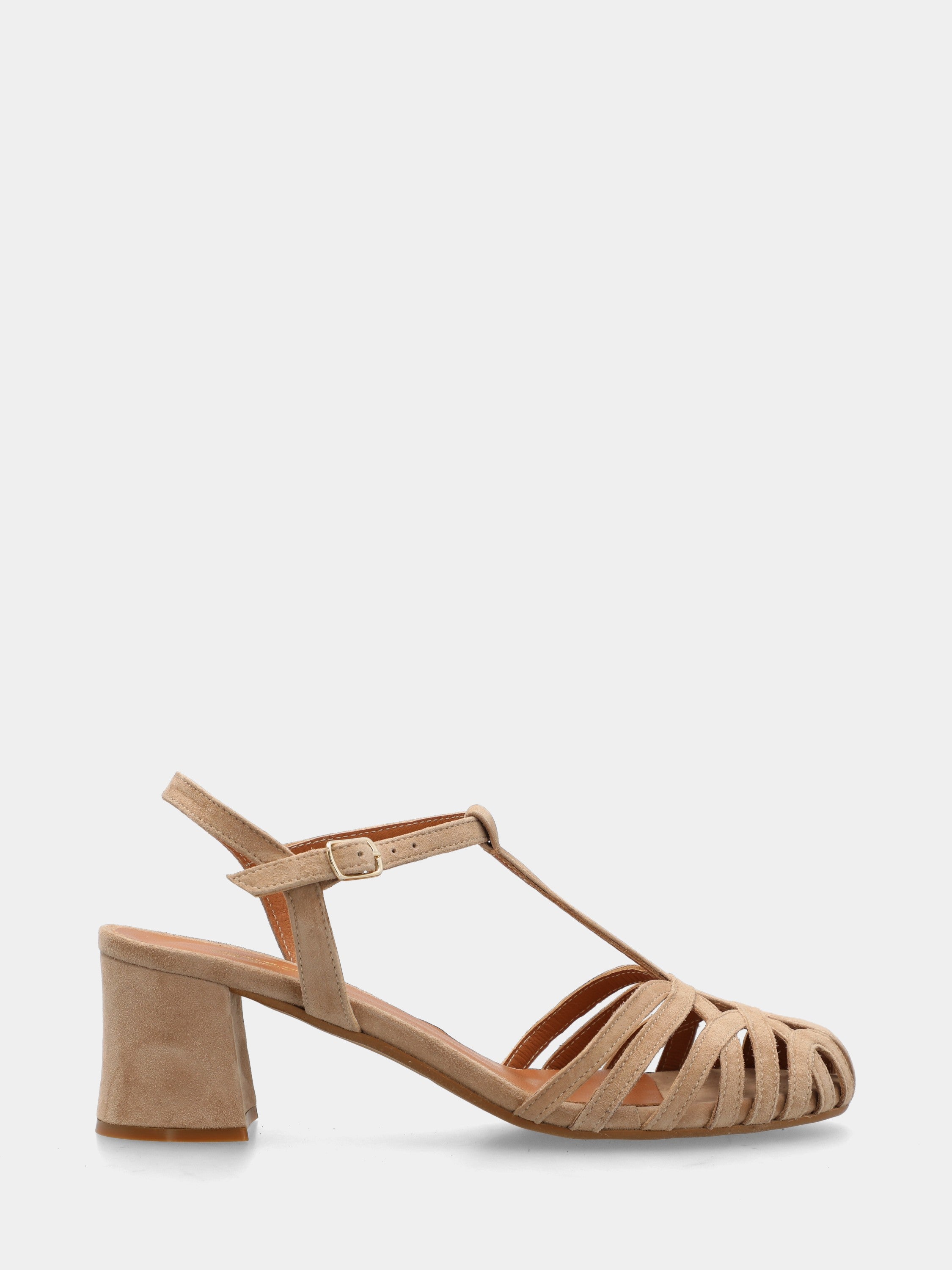 Sandale en veau beige avec brides arquées et talon bloc