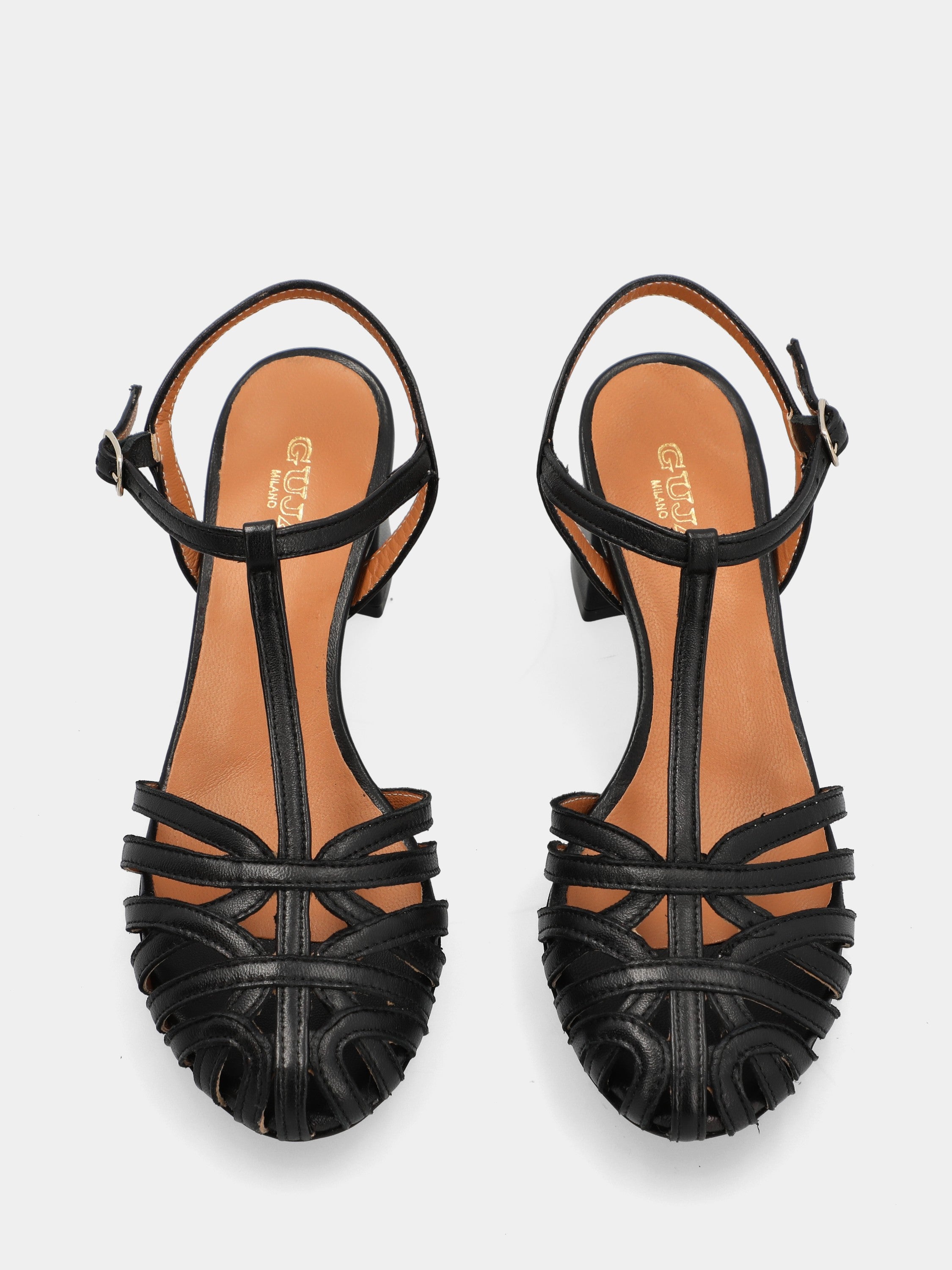 Sandale en veau noir avec brides arquées et talon bloc