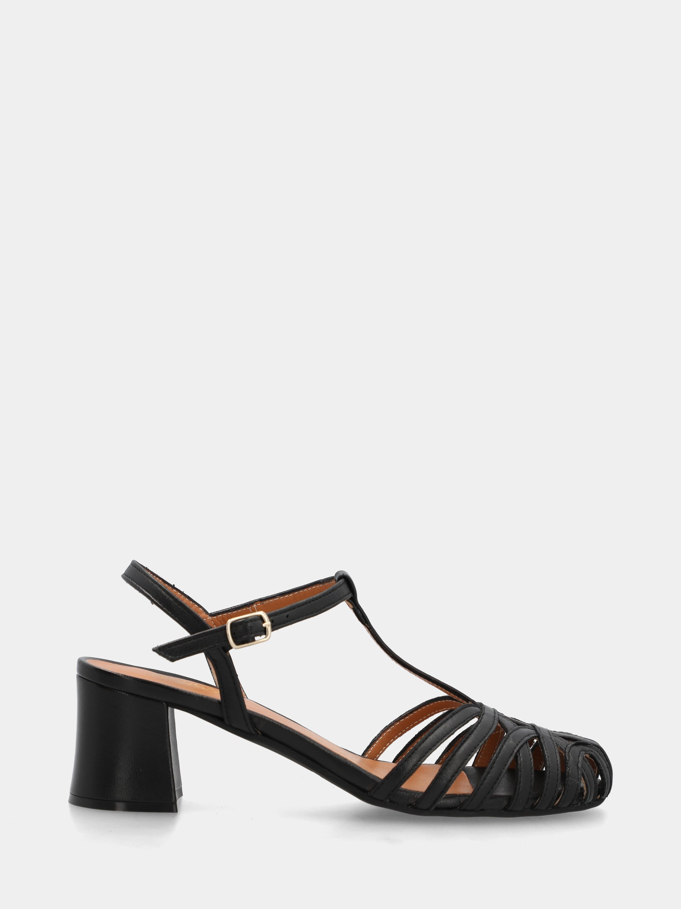 Sandale en veau noir avec brides arquées et talon bloc