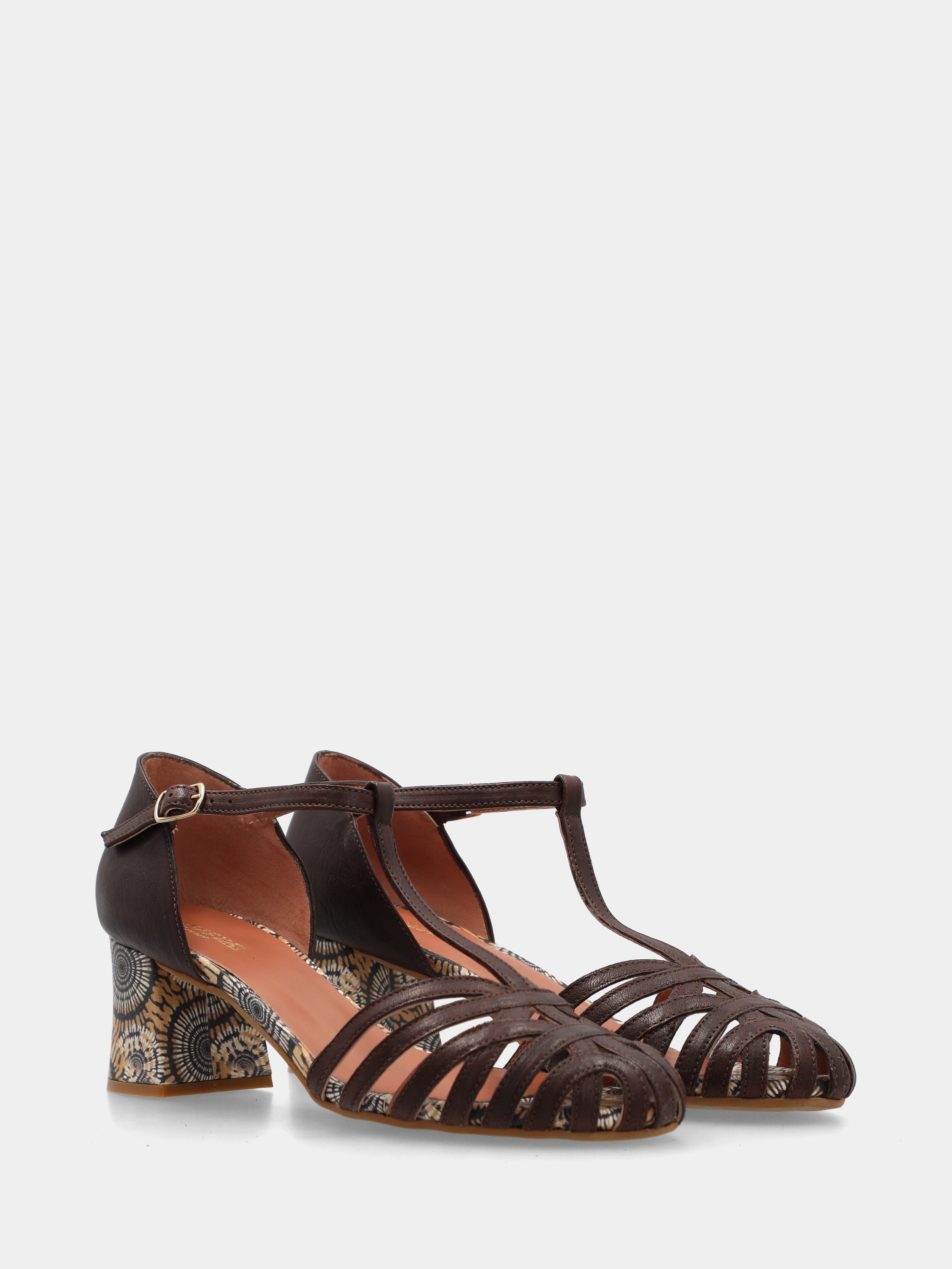 Sandale T-bar en veau marron foncé avec talon bloc