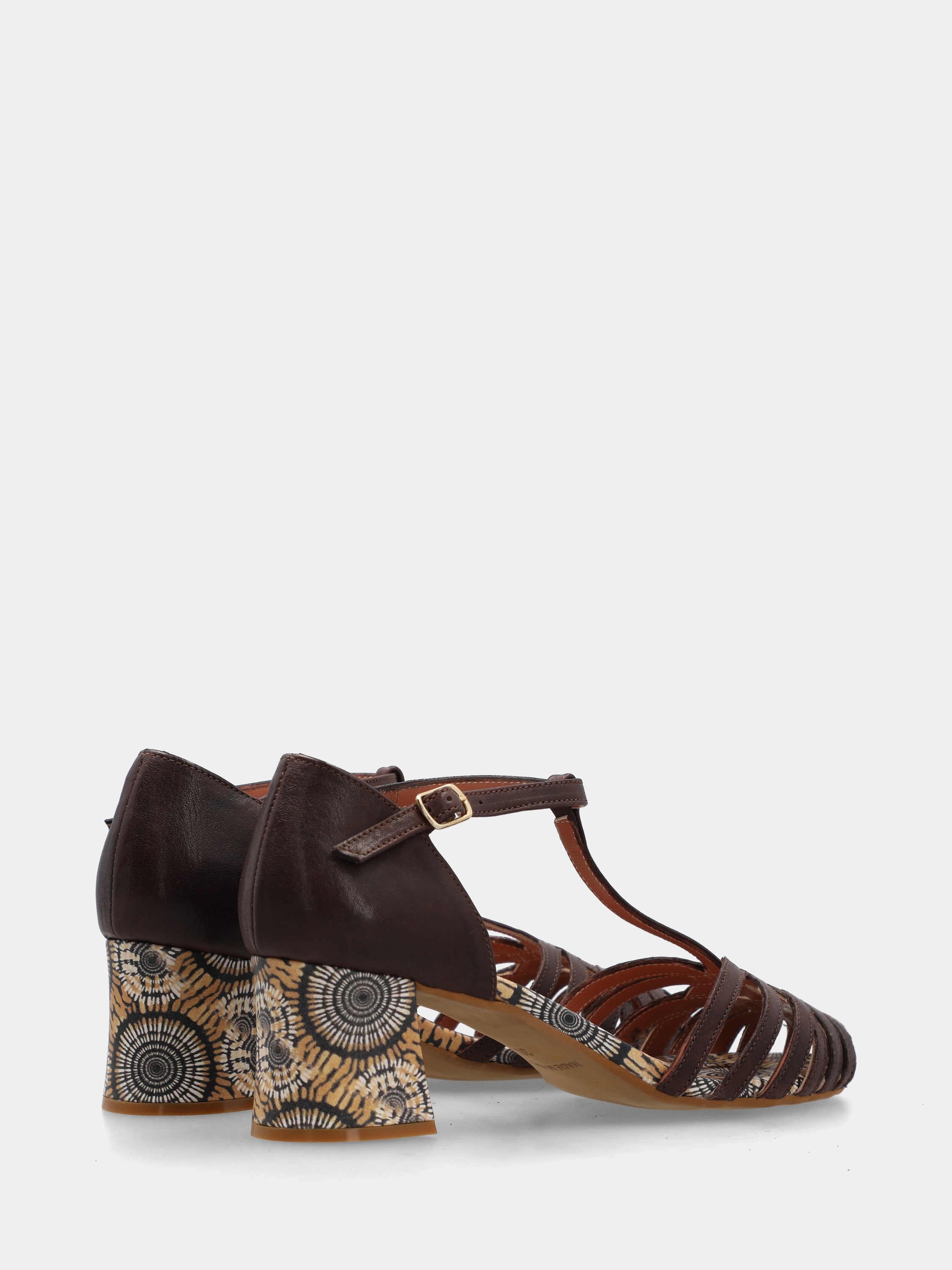 Sandale T-bar en veau marron foncé avec talon bloc