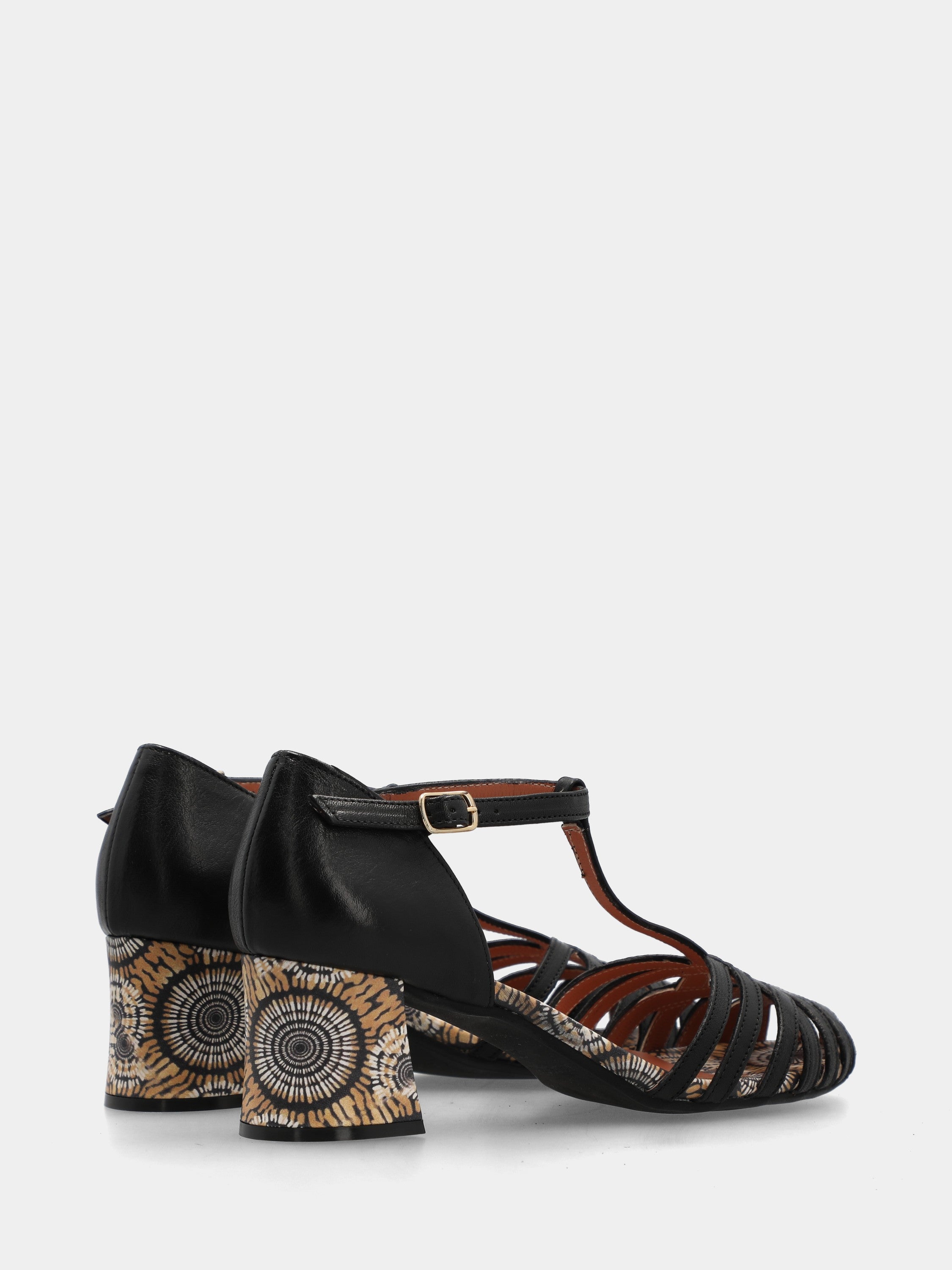 Sandale T-bar en veau noir avec talon bloc