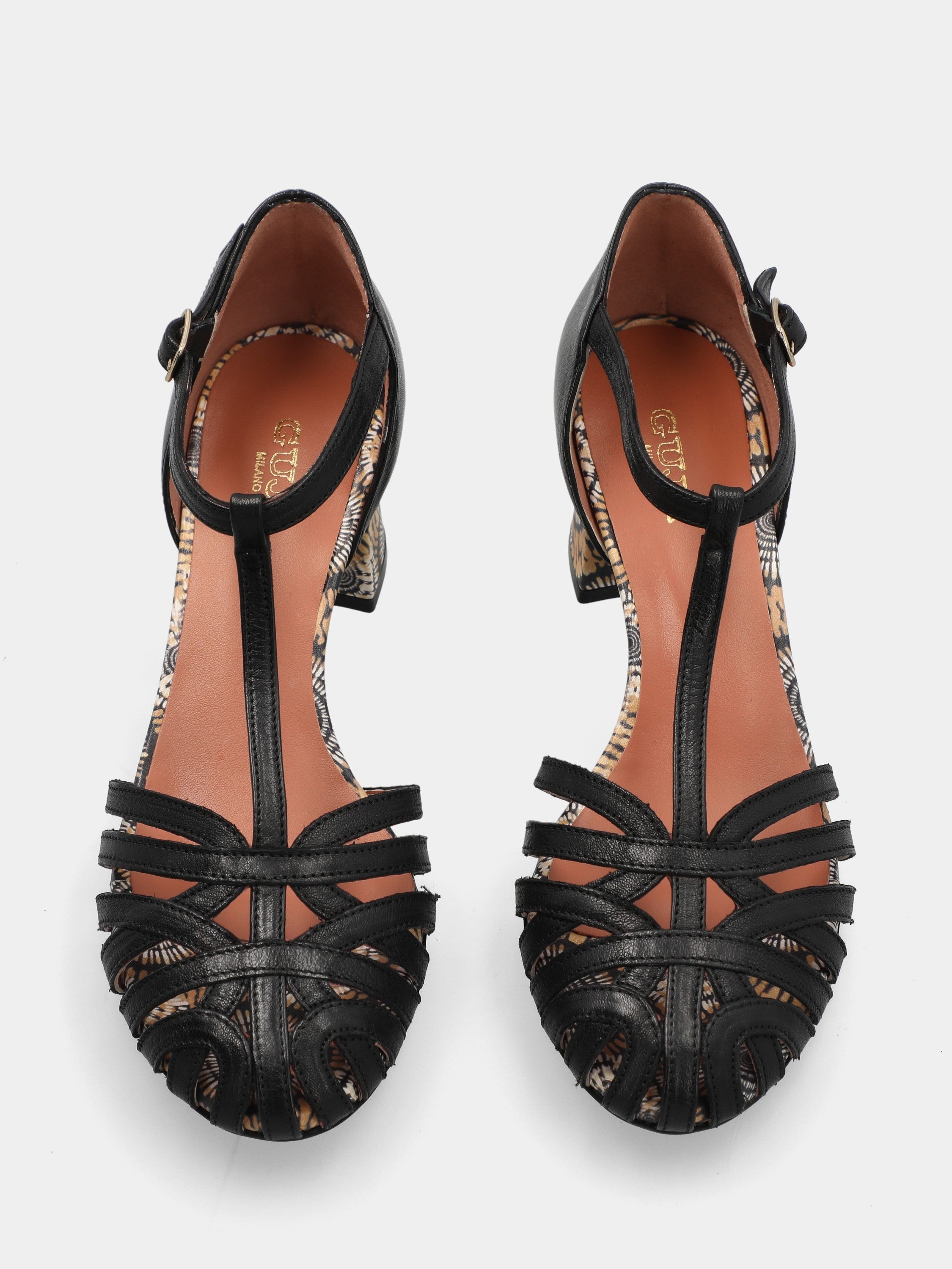 Sandale T-bar en veau noir avec talon bloc