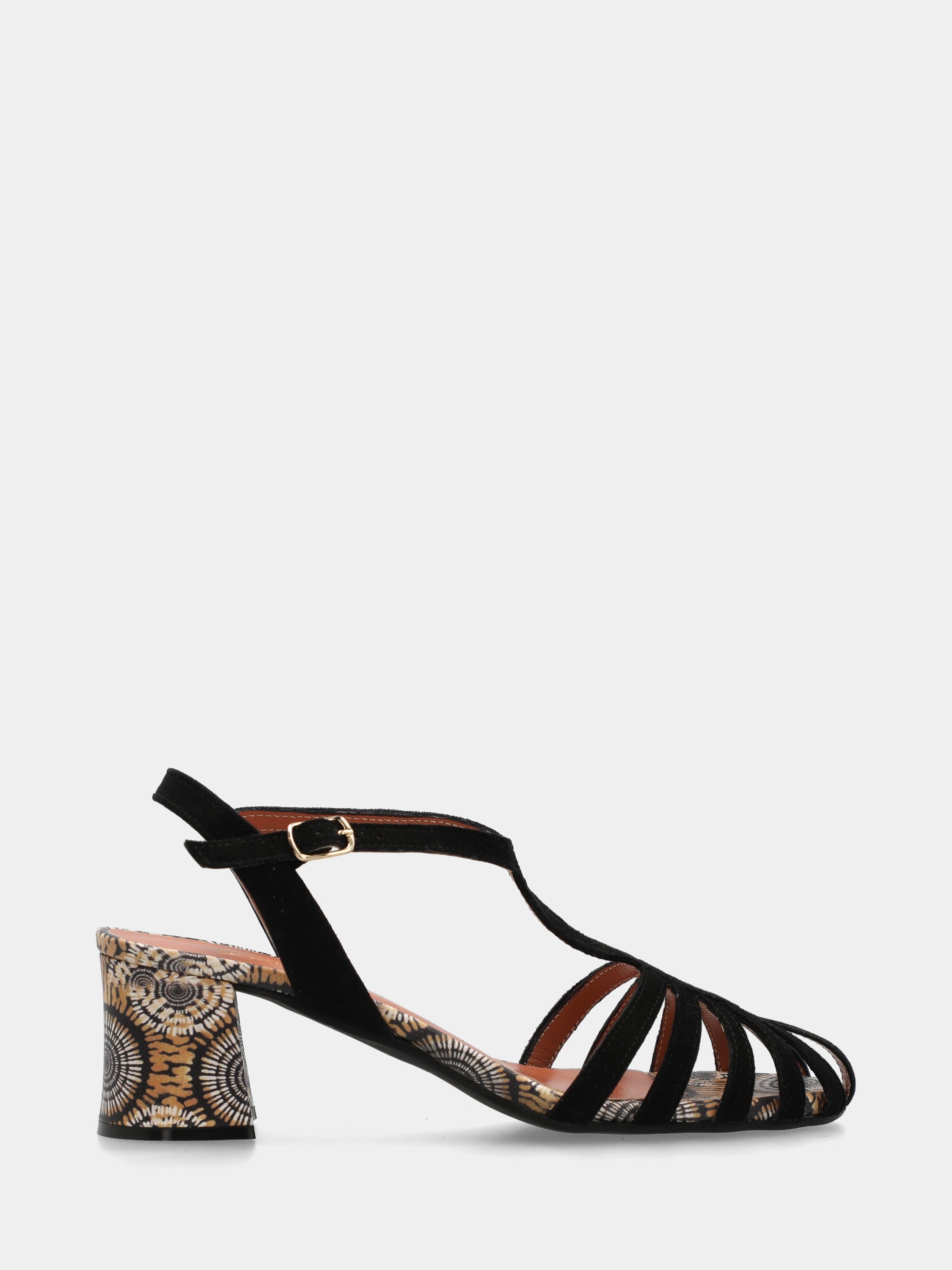 Schwarzer Wildleder-Sandalette mit Blockabsatz und Riemchen in Achtform