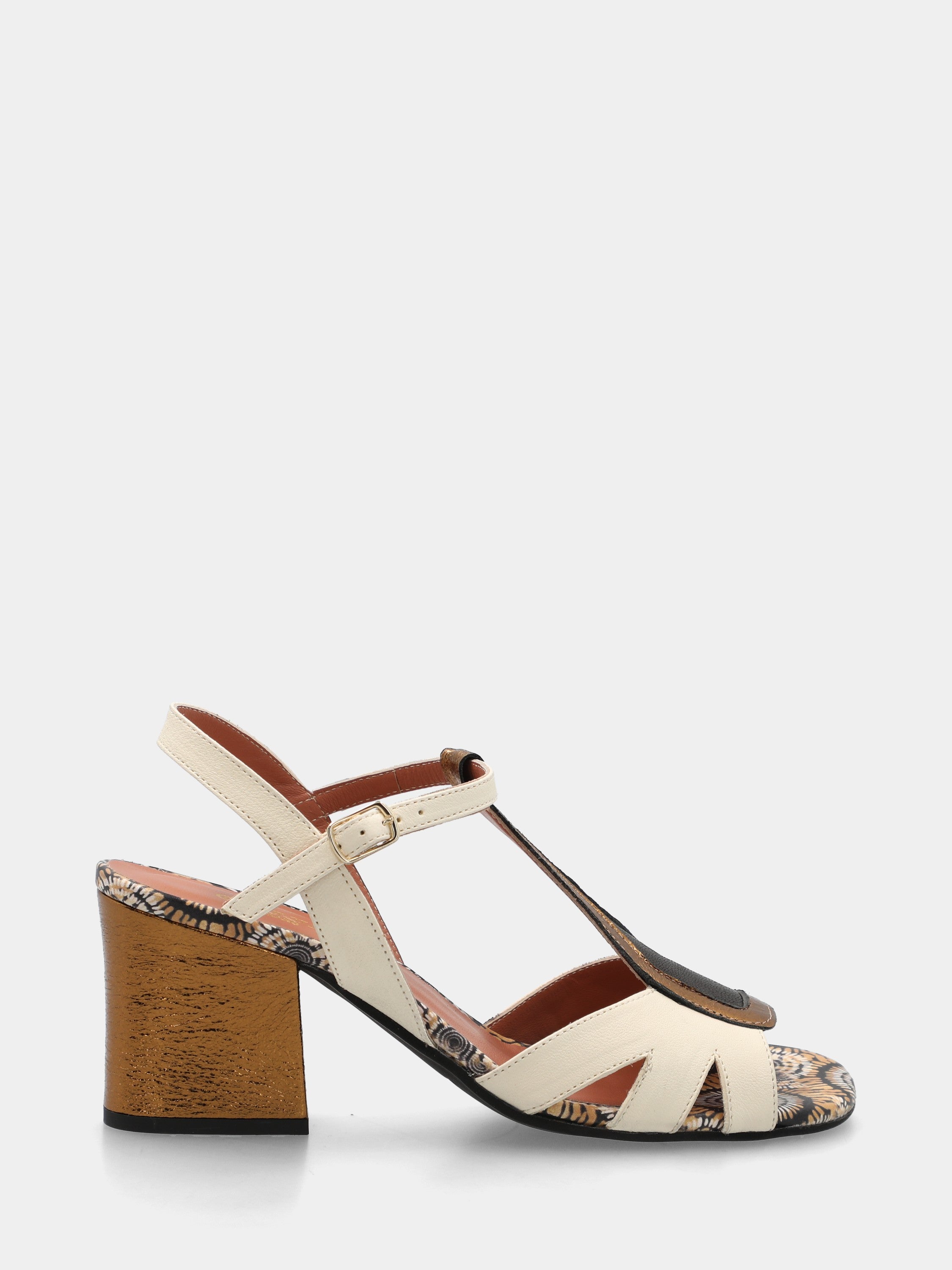Mehrfarbiger Kalbsleder-Sandalette mit segmentiertem Obermaterial und Blockabsatz