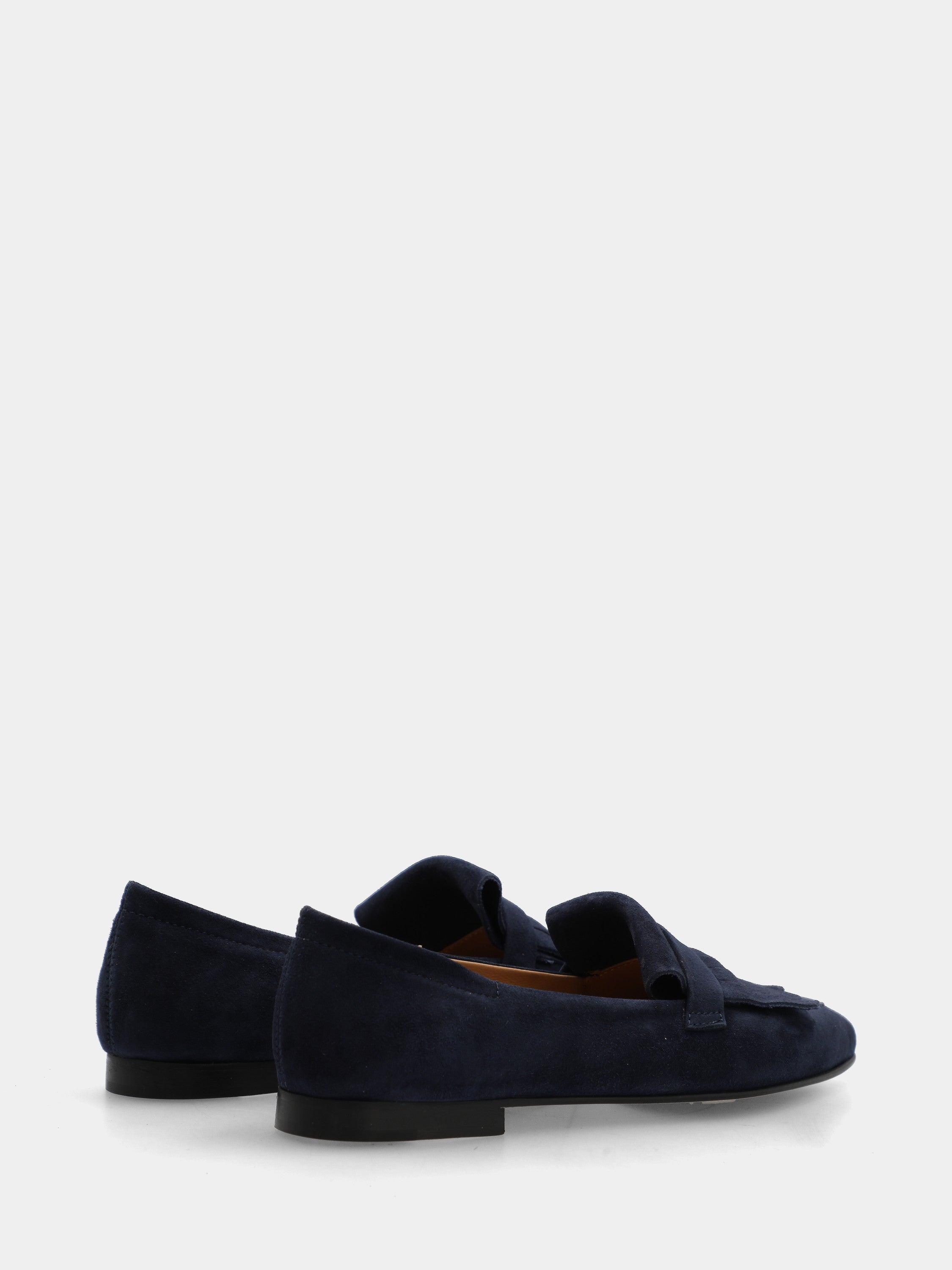 Mocassino in camoscio blu a sacchetto con frangia e monoblocco