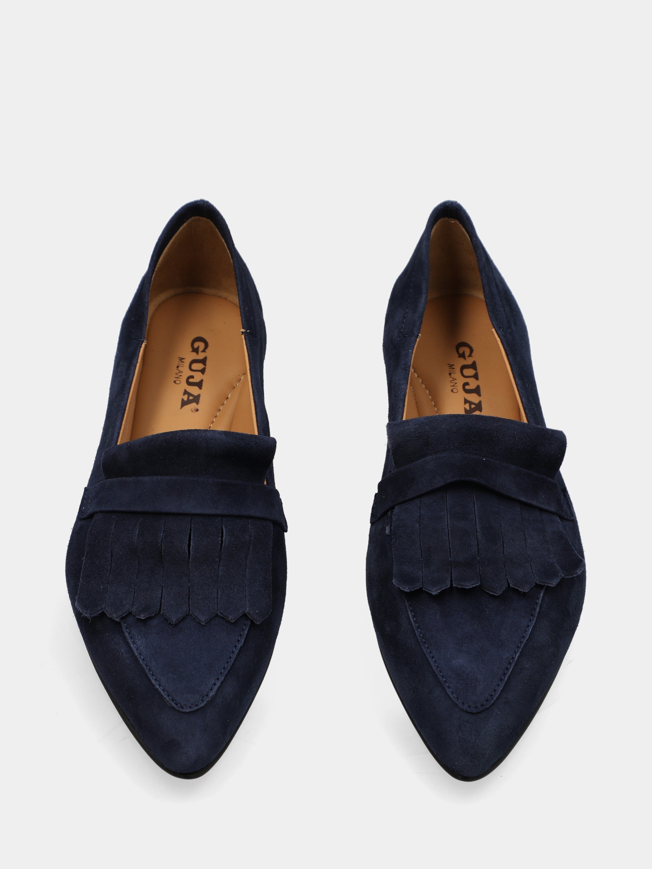 Mocassino in camoscio blu a sacchetto con frangia e monoblocco