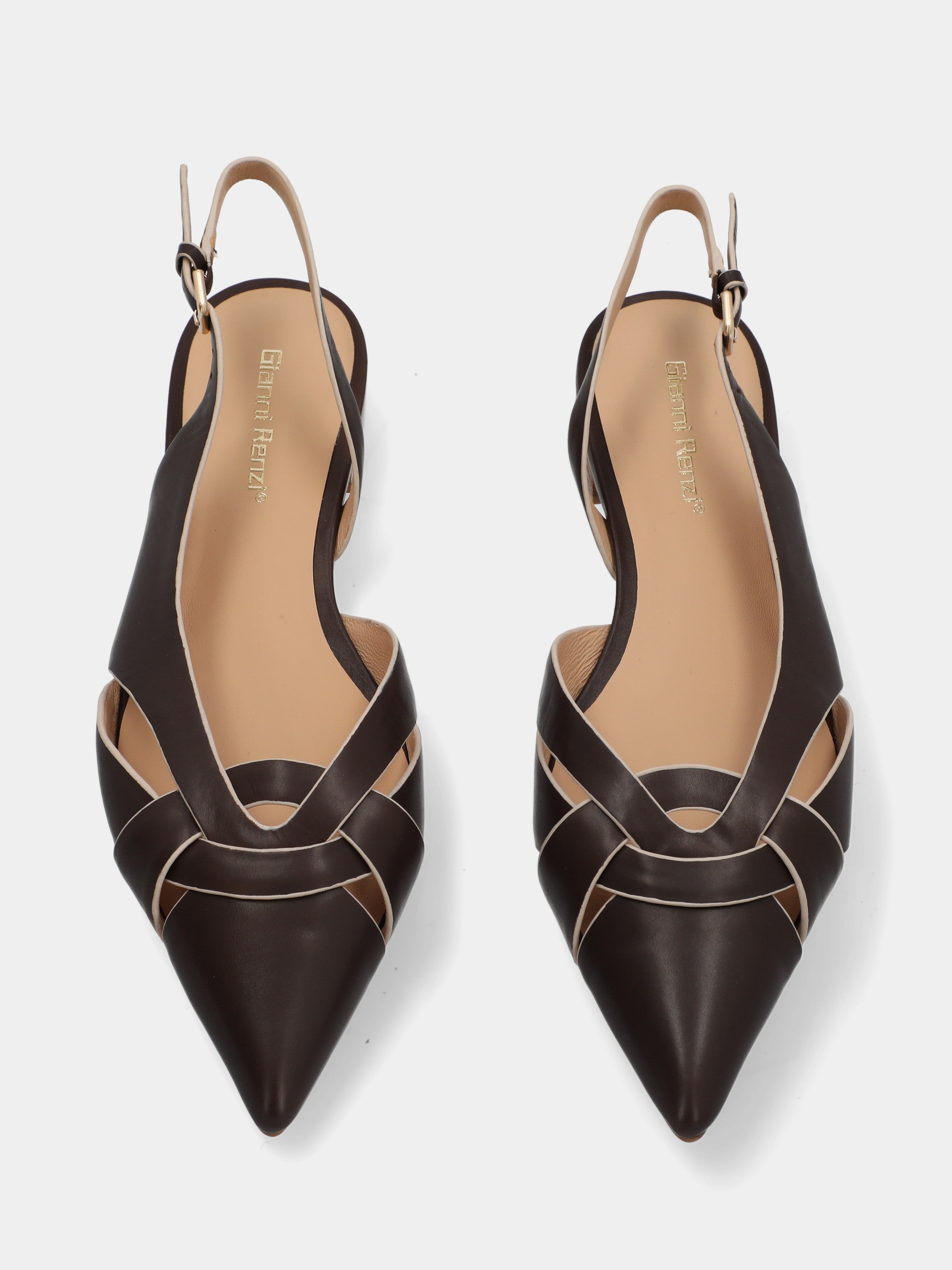 Slingback in vitello testa di moro con listini incrociati