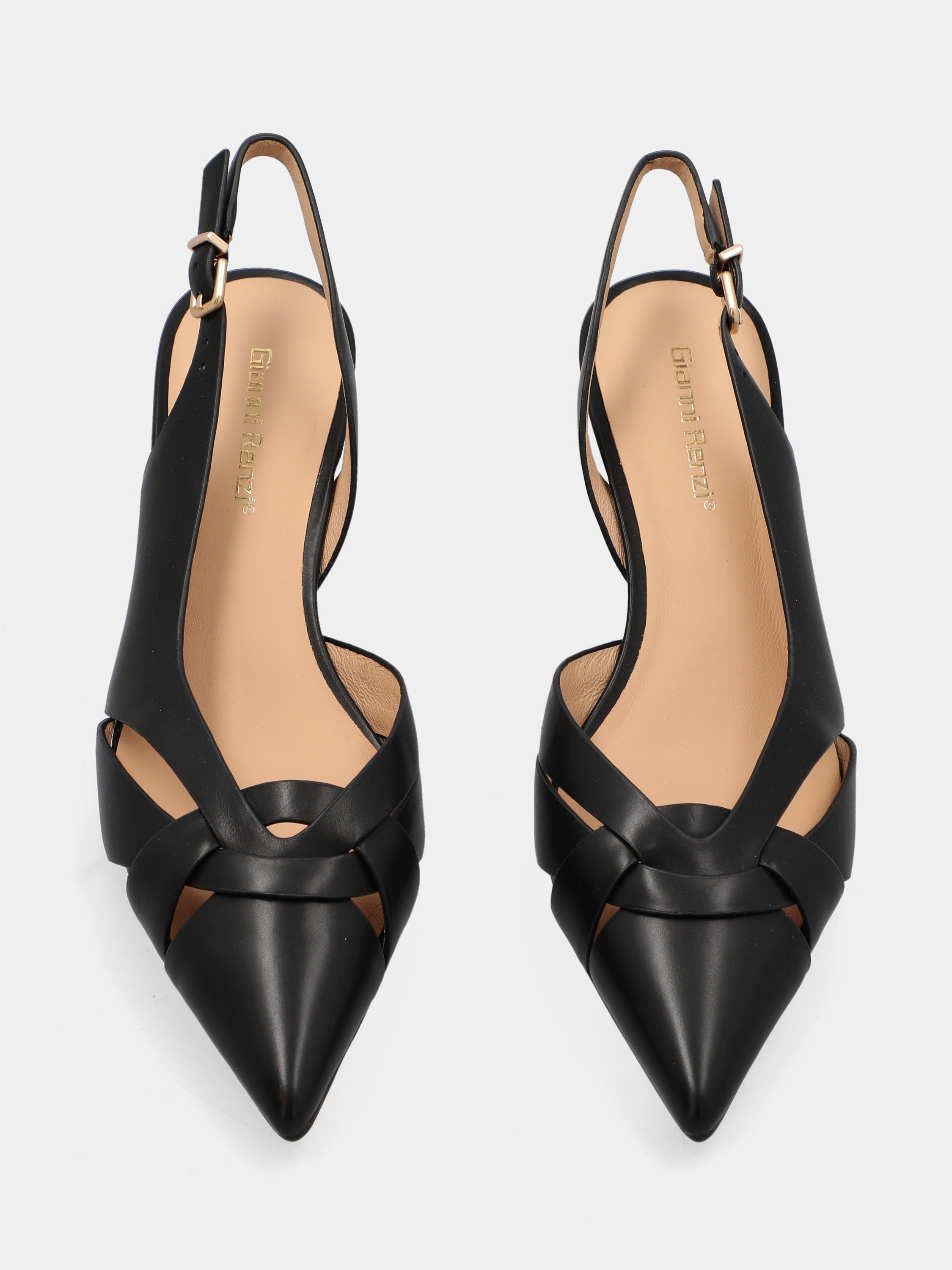 Slingback in vitello nero con listini incrociati