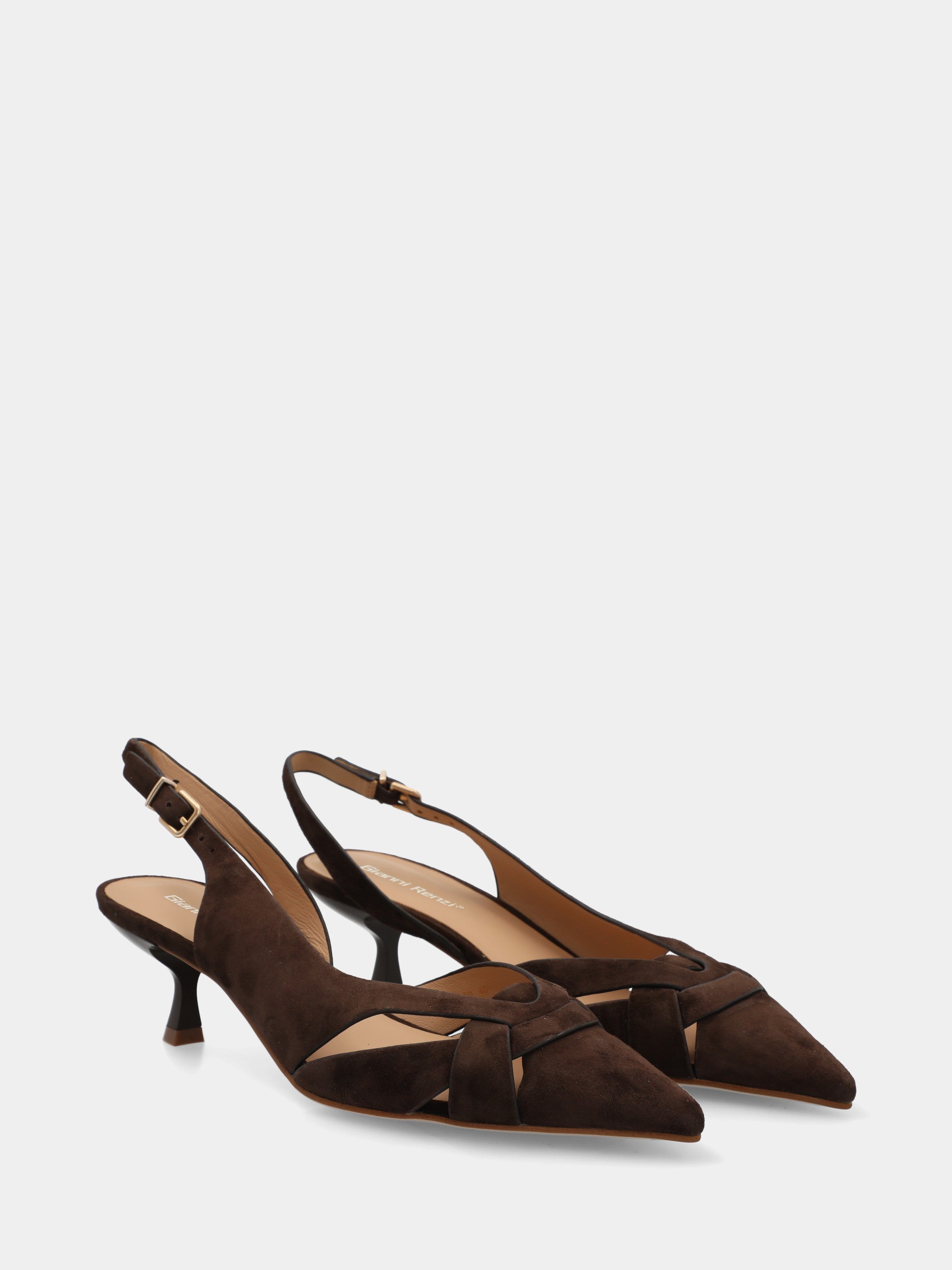 Slingback in camoscio testa di moro con listini incrociati