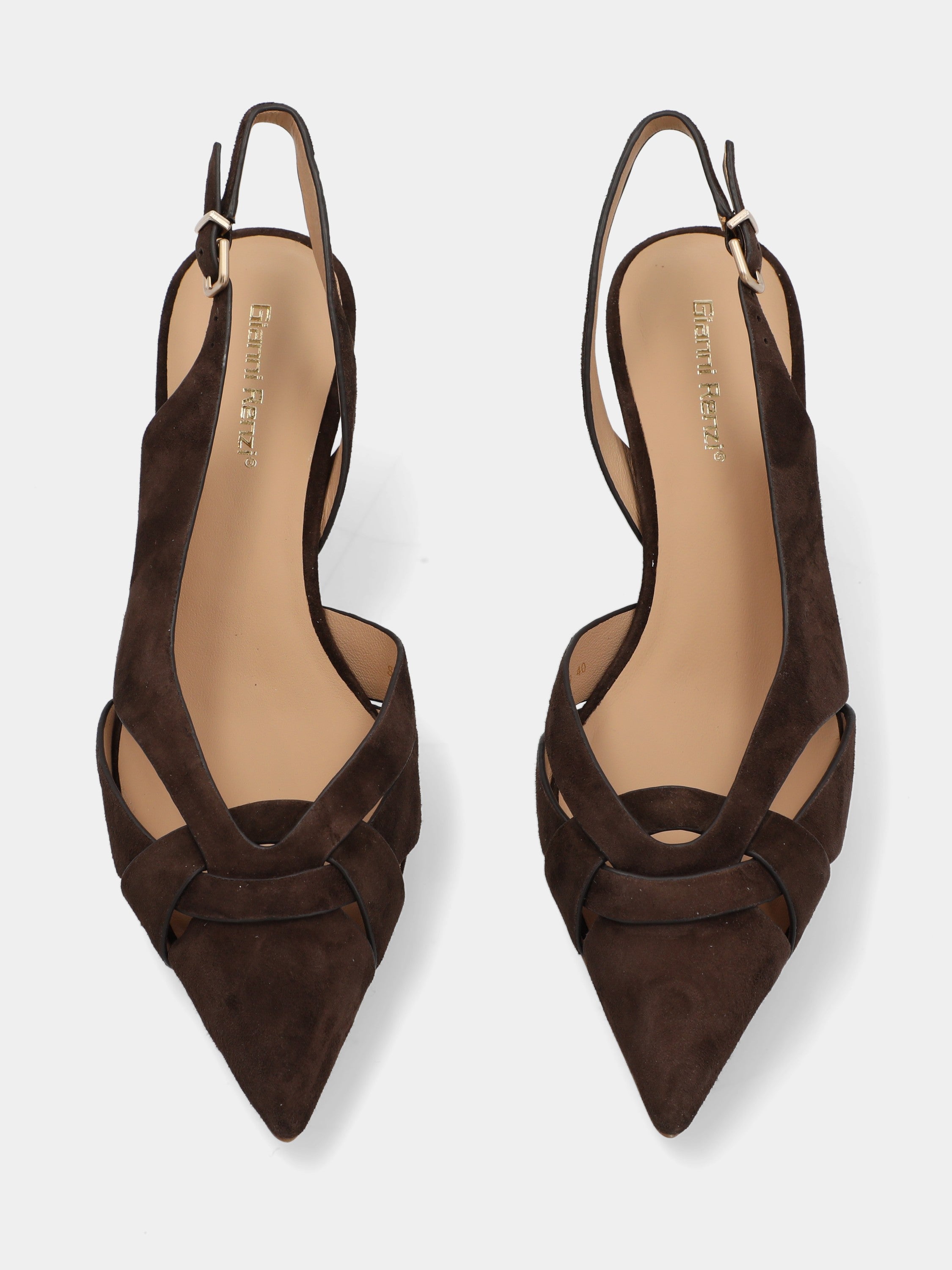 Slingback in camoscio testa di moro con listini incrociati