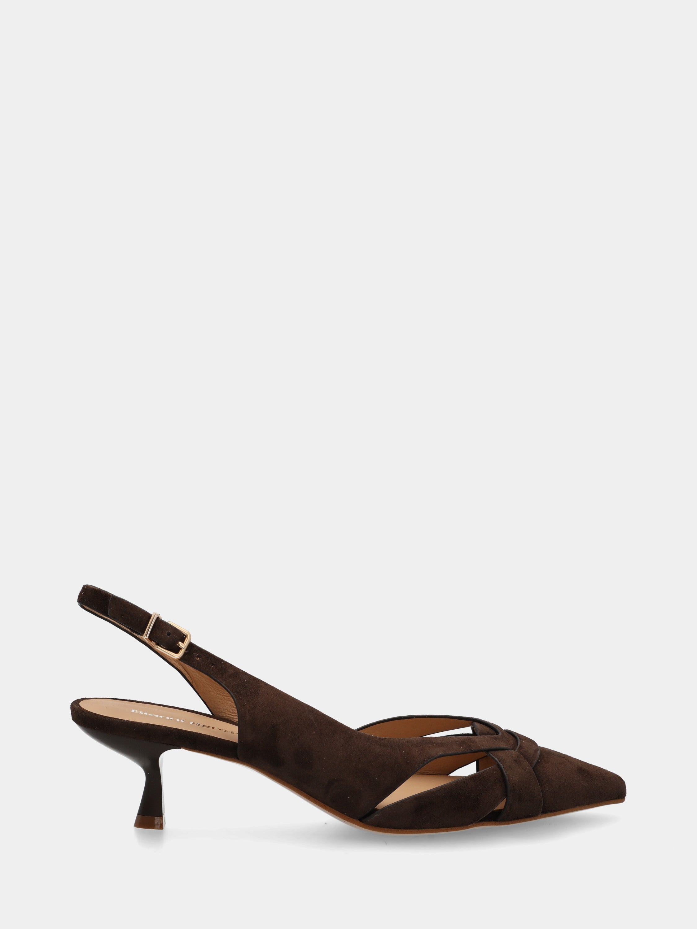 Slingback in camoscio testa di moro con listini incrociati