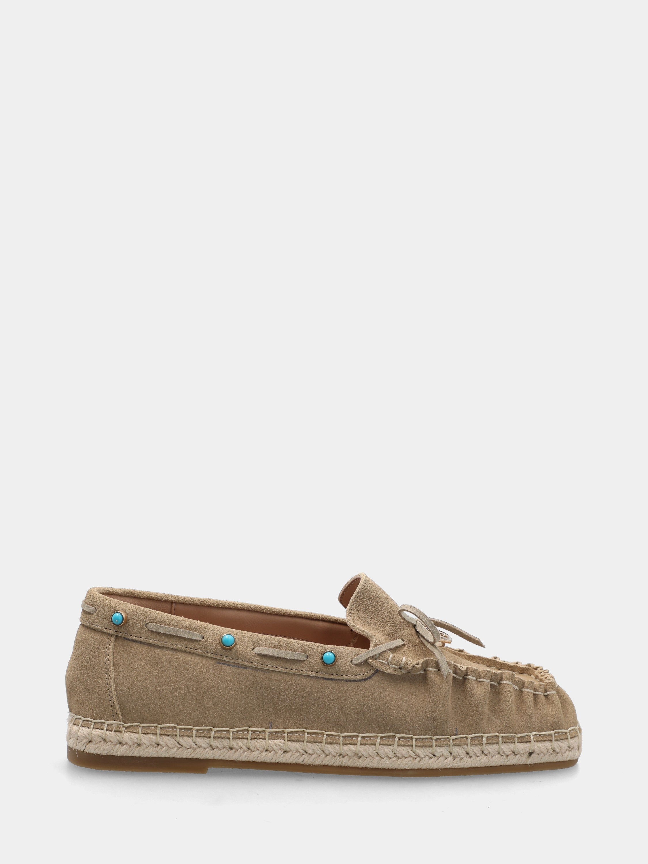 Mocassino in suede beige su zeppa in corda