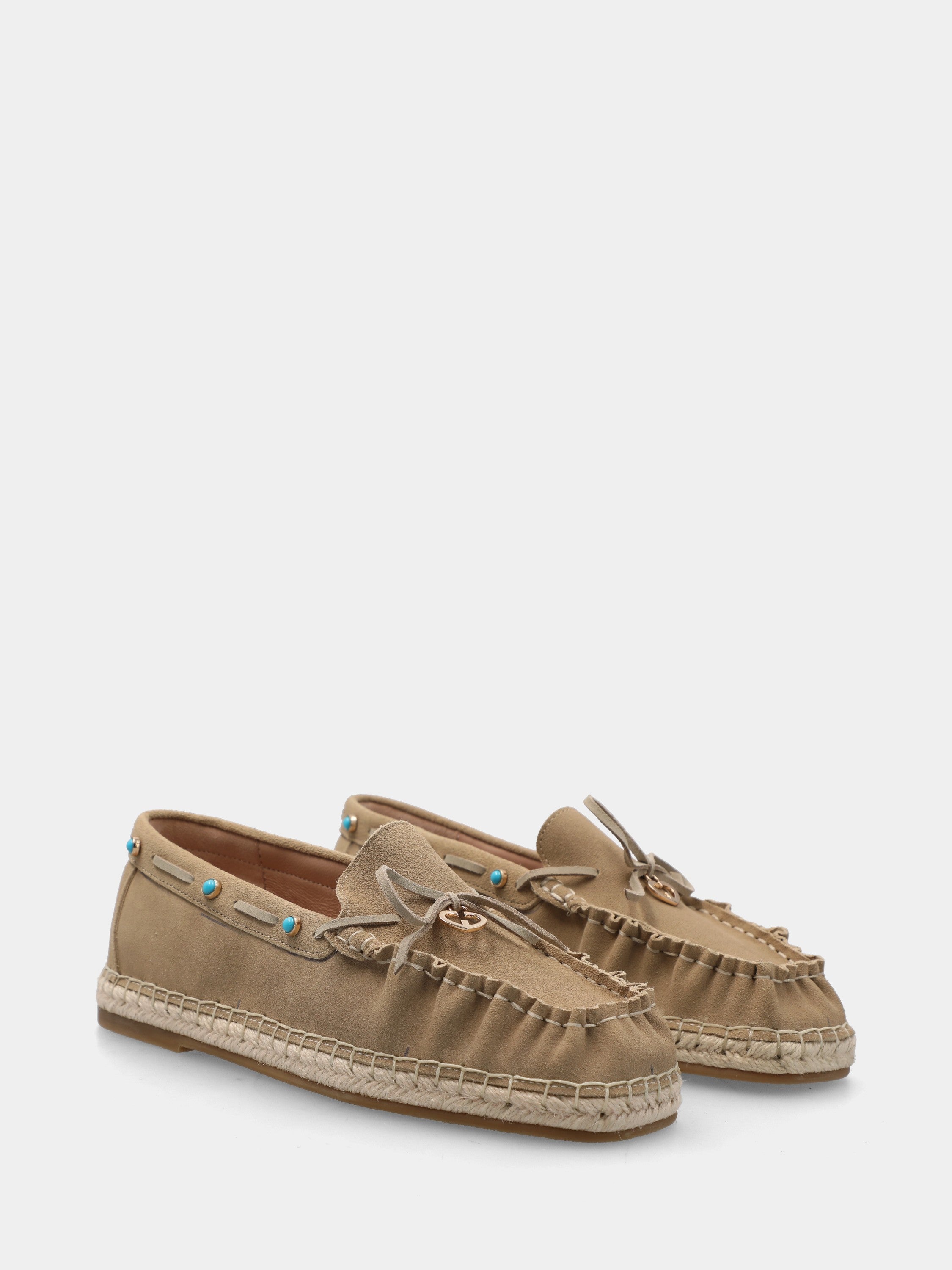 Mocassino in suede beige su zeppa in corda