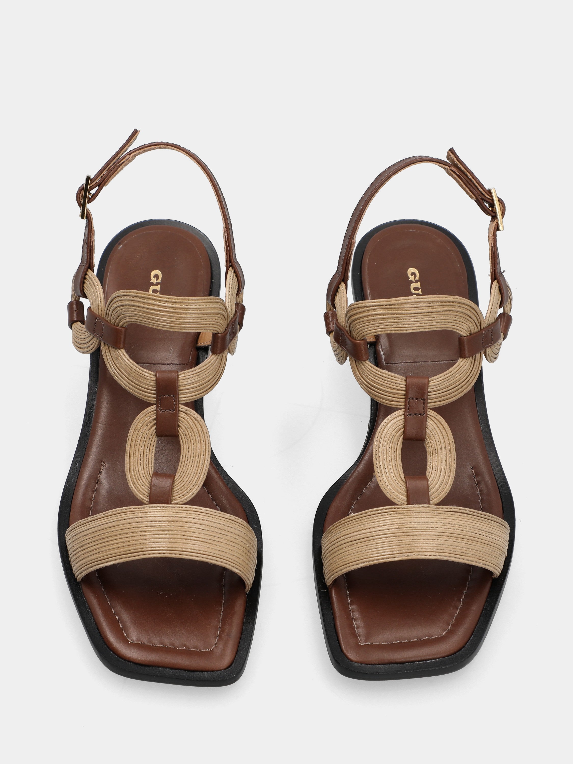Sandale en nappa beige et marron foncé avec brides fines et talon bloc