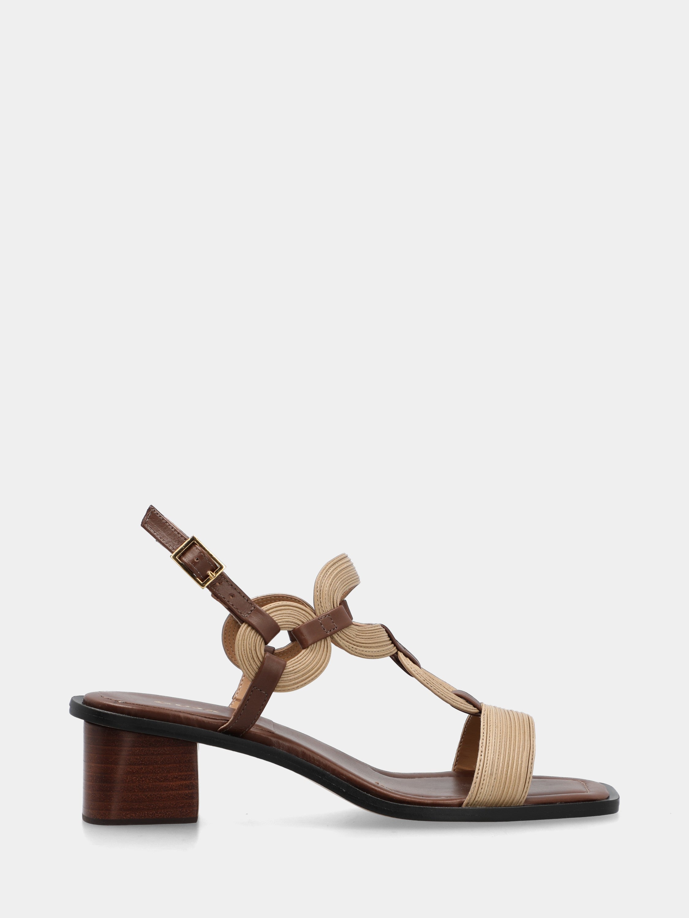 Sandale en nappa beige et marron foncé avec brides fines et talon bloc