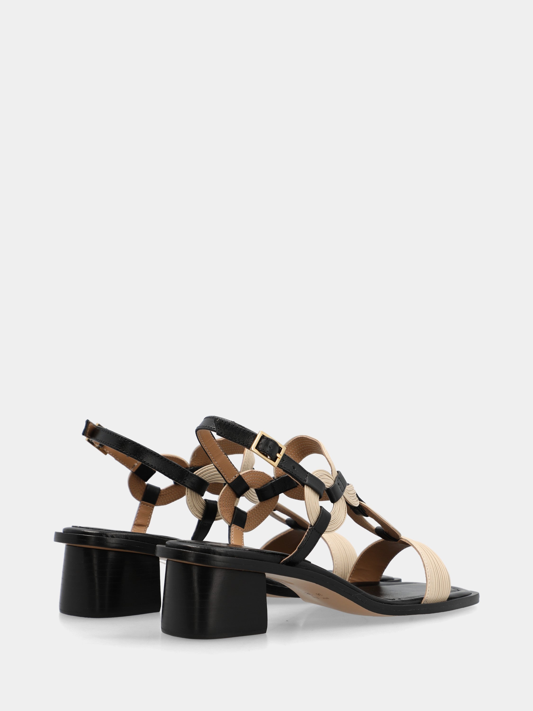 Sandale en nappa blanc lait et noir avec brides fines et talon bloc
