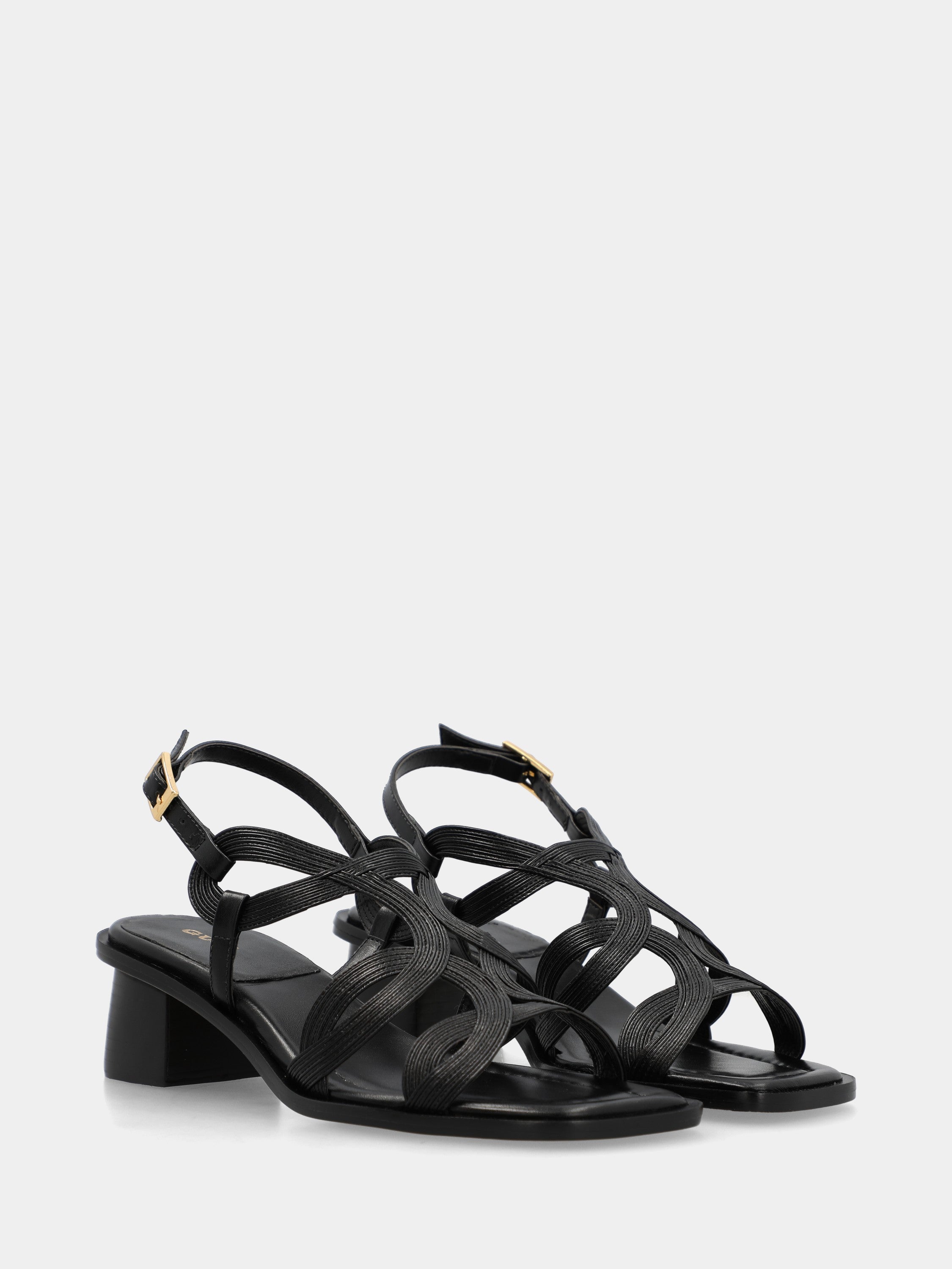 Schwarzer Nappaleder-Sandalette mit überkreuzten Riemen und Blockabsatz