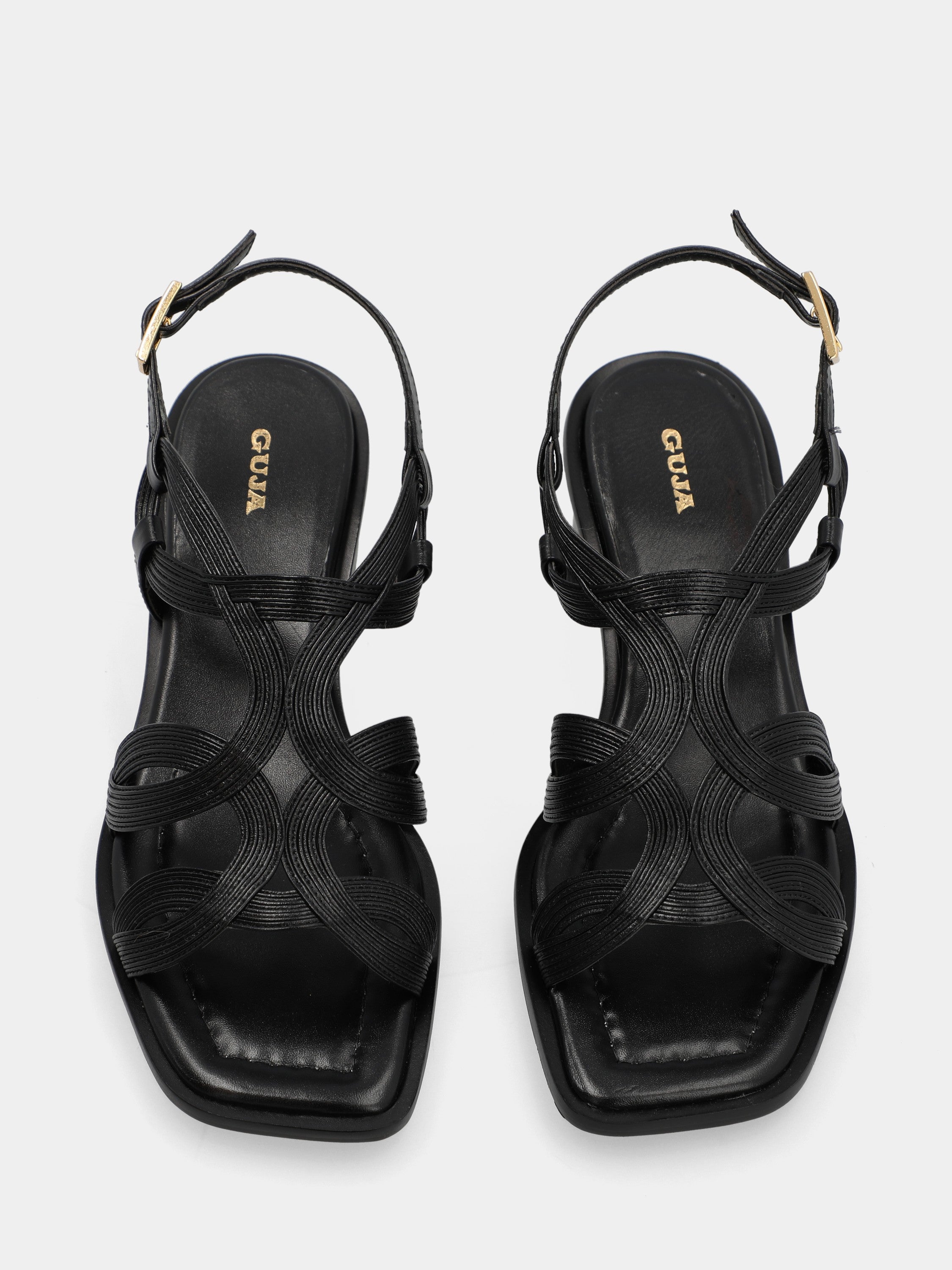 Schwarzer Nappaleder-Sandalette mit überkreuzten Riemen und Blockabsatz