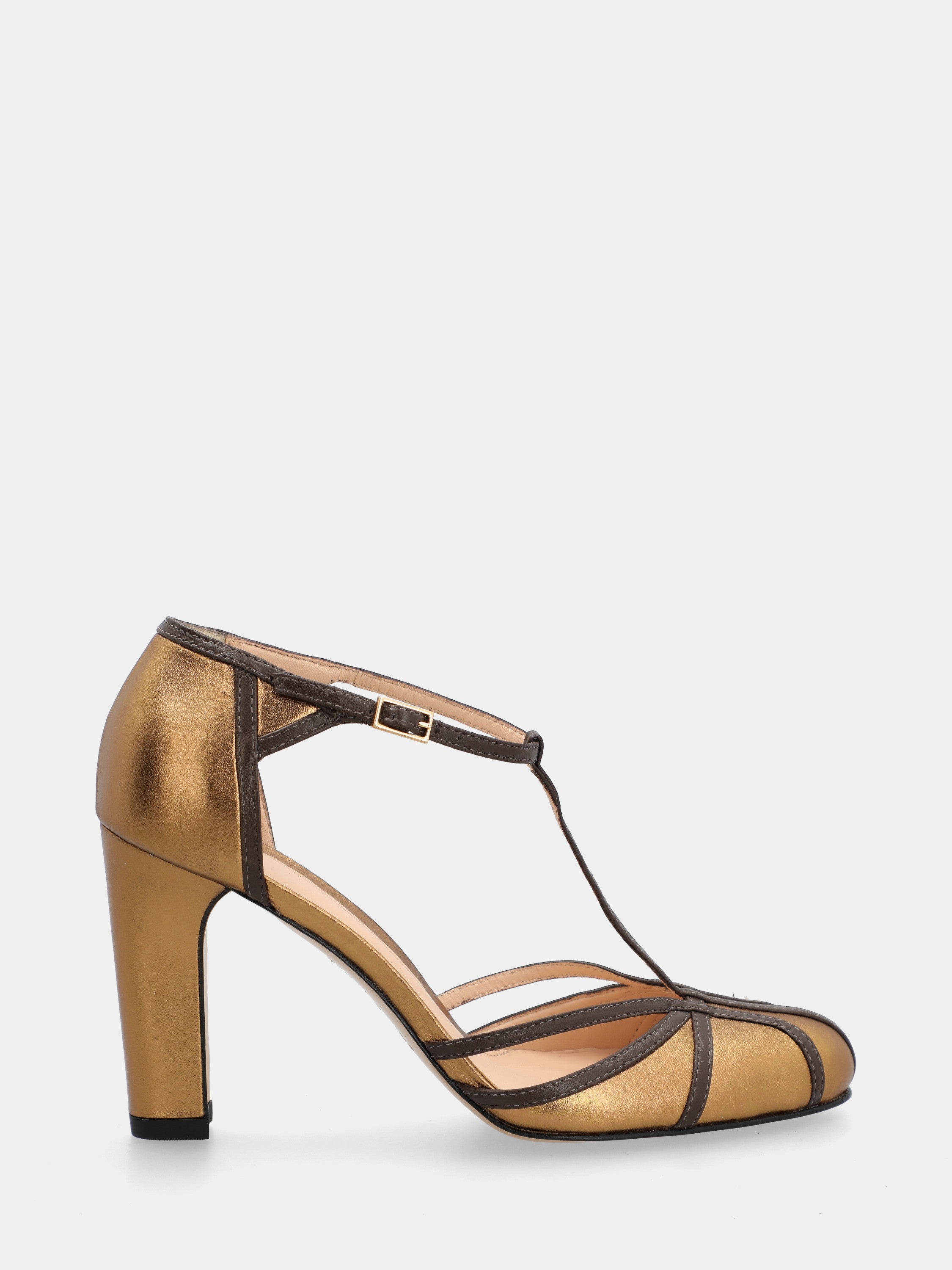 Bronze laminated T-bar pumps with stiletto heel