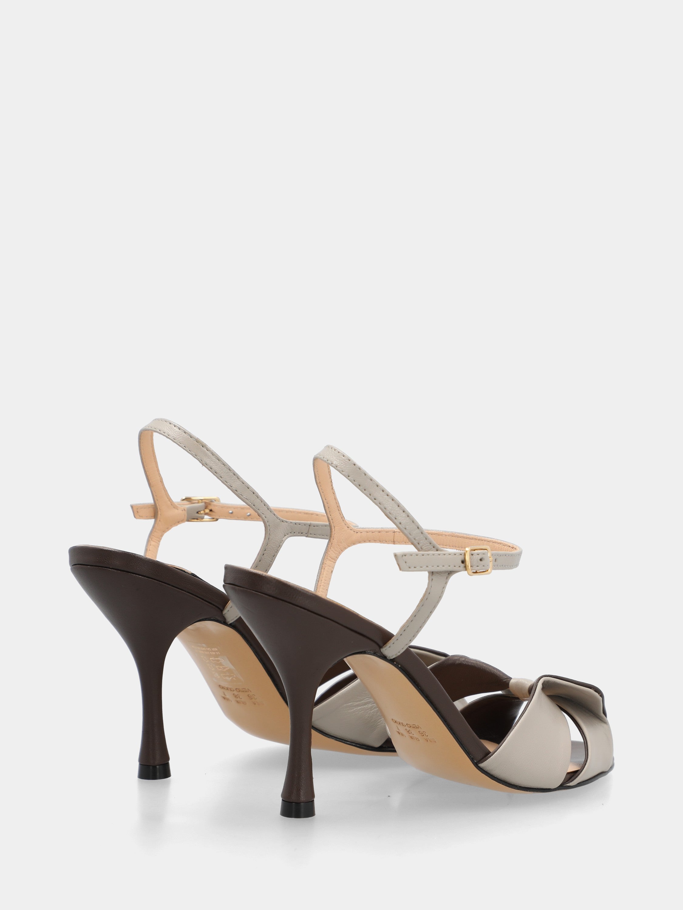 Nappa leather sandal in dark brown and gray with a cup heel