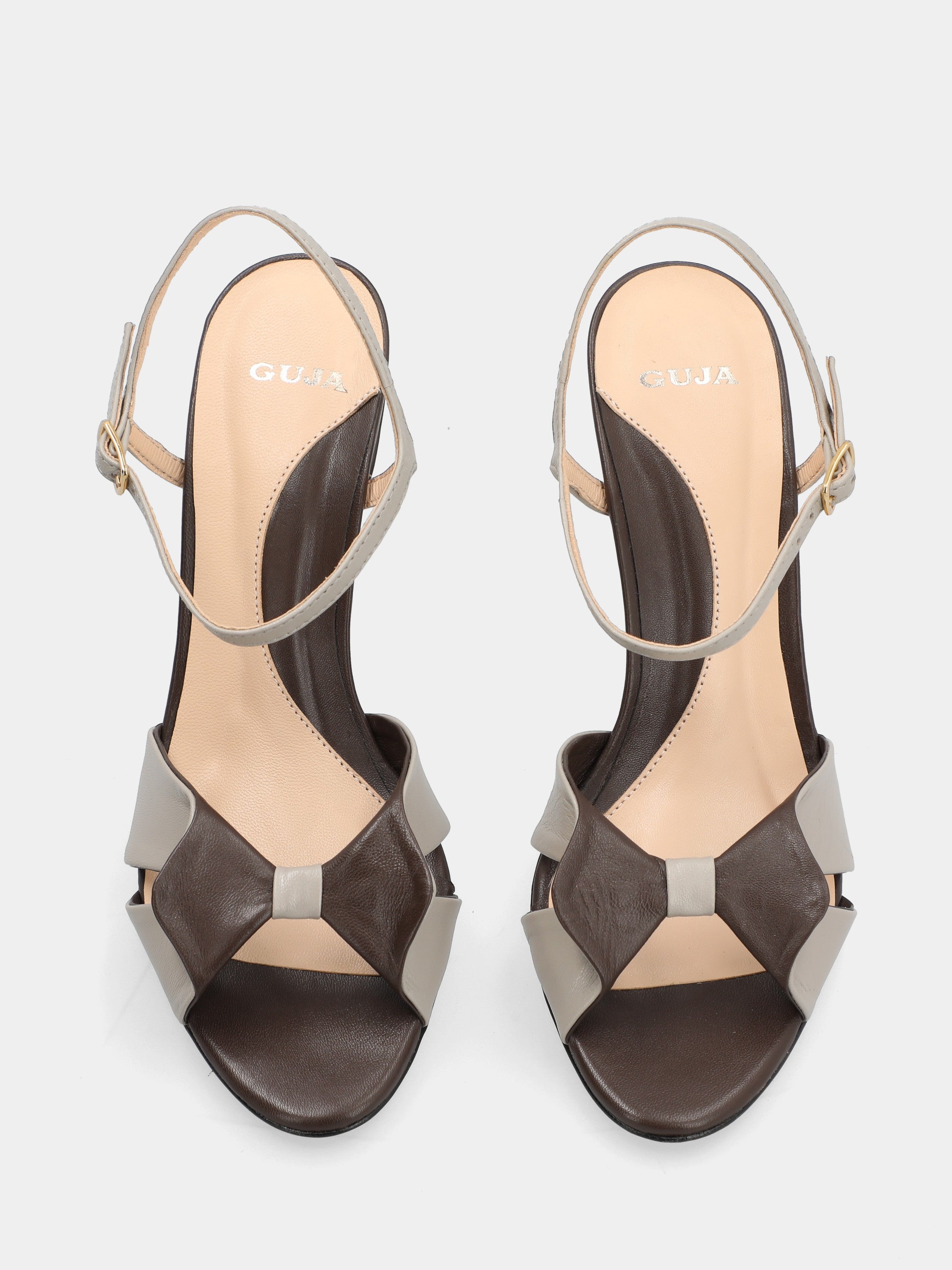 Nappa leather sandal in dark brown and gray with a cup heel