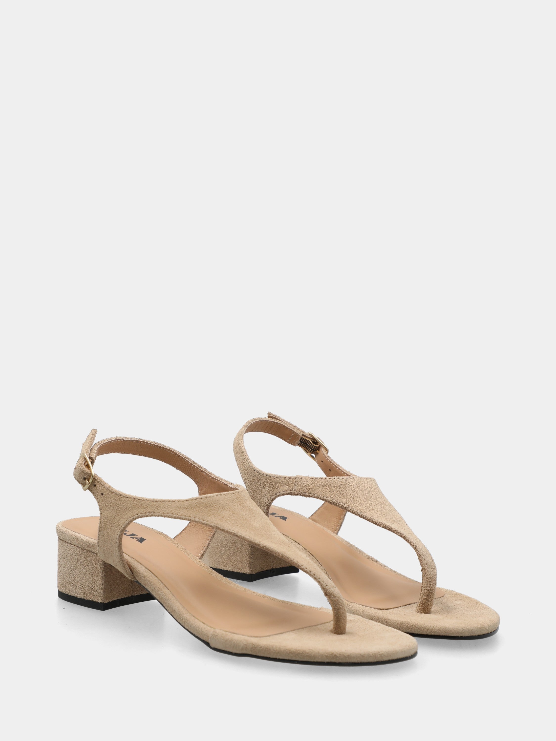 Infradito in camoscio beige con tacco a blocco