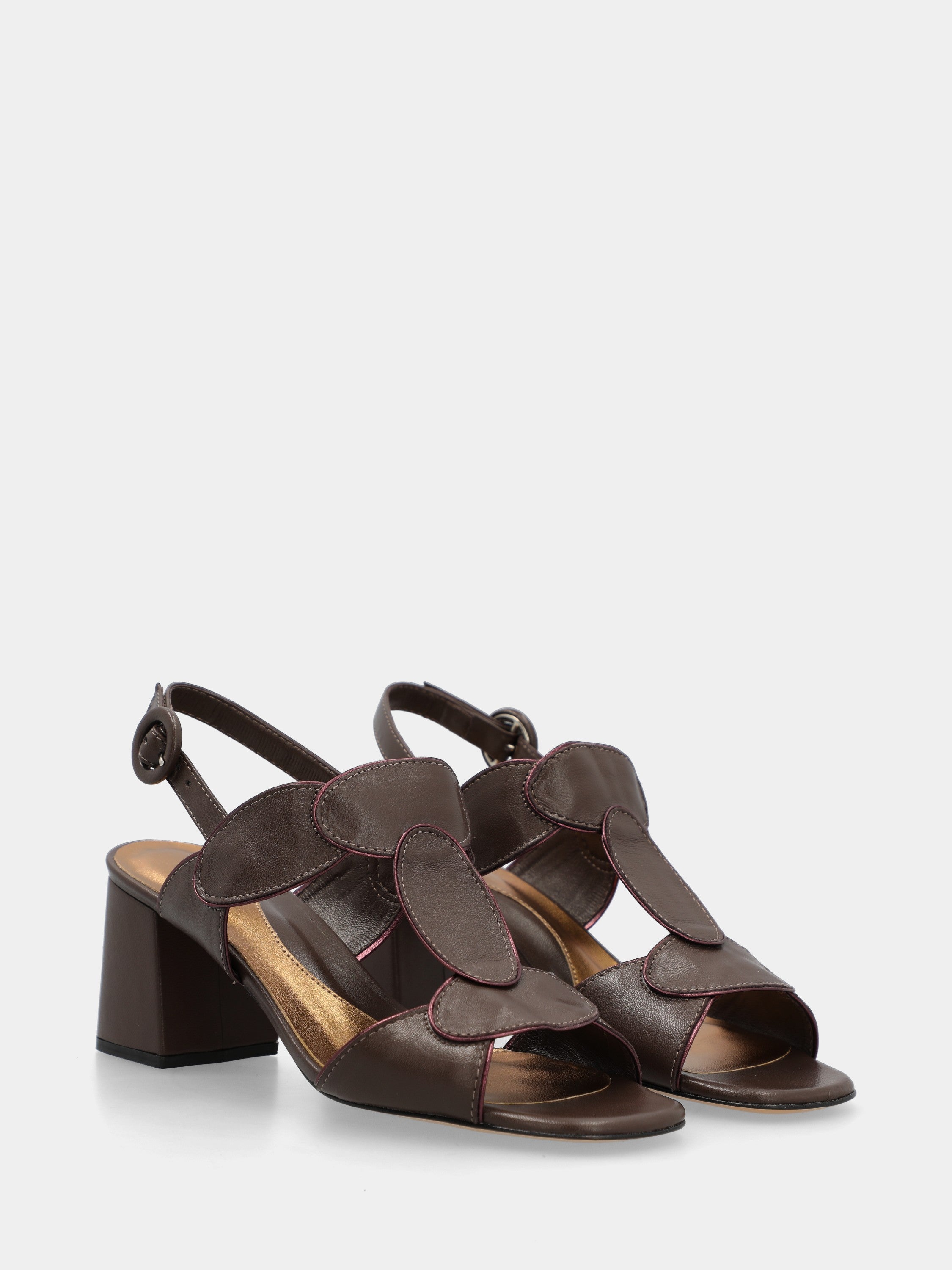 Dark brown nappa leather sandal with oval straps and block heel