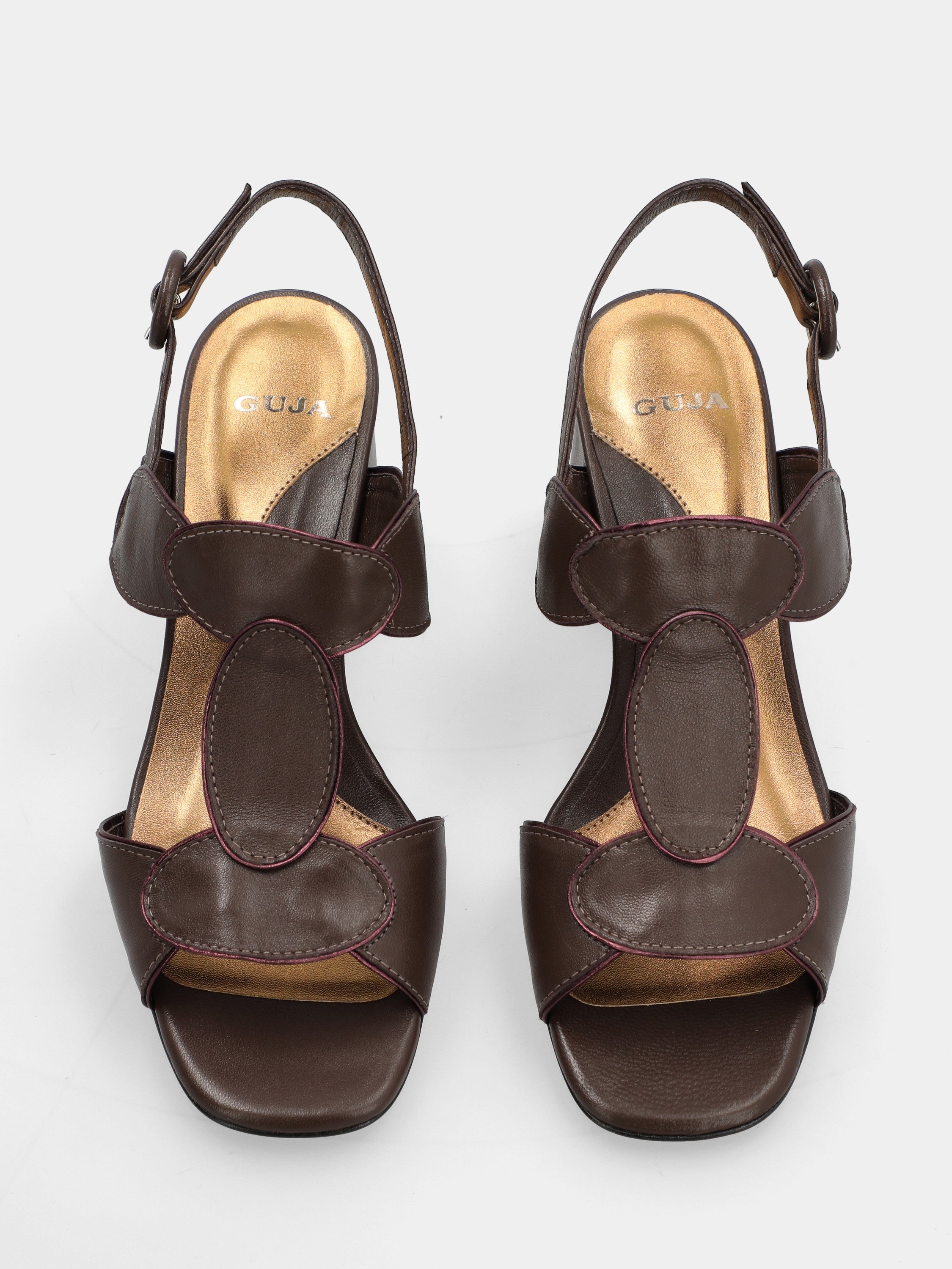 Dark brown nappa leather sandal with oval straps and block heel